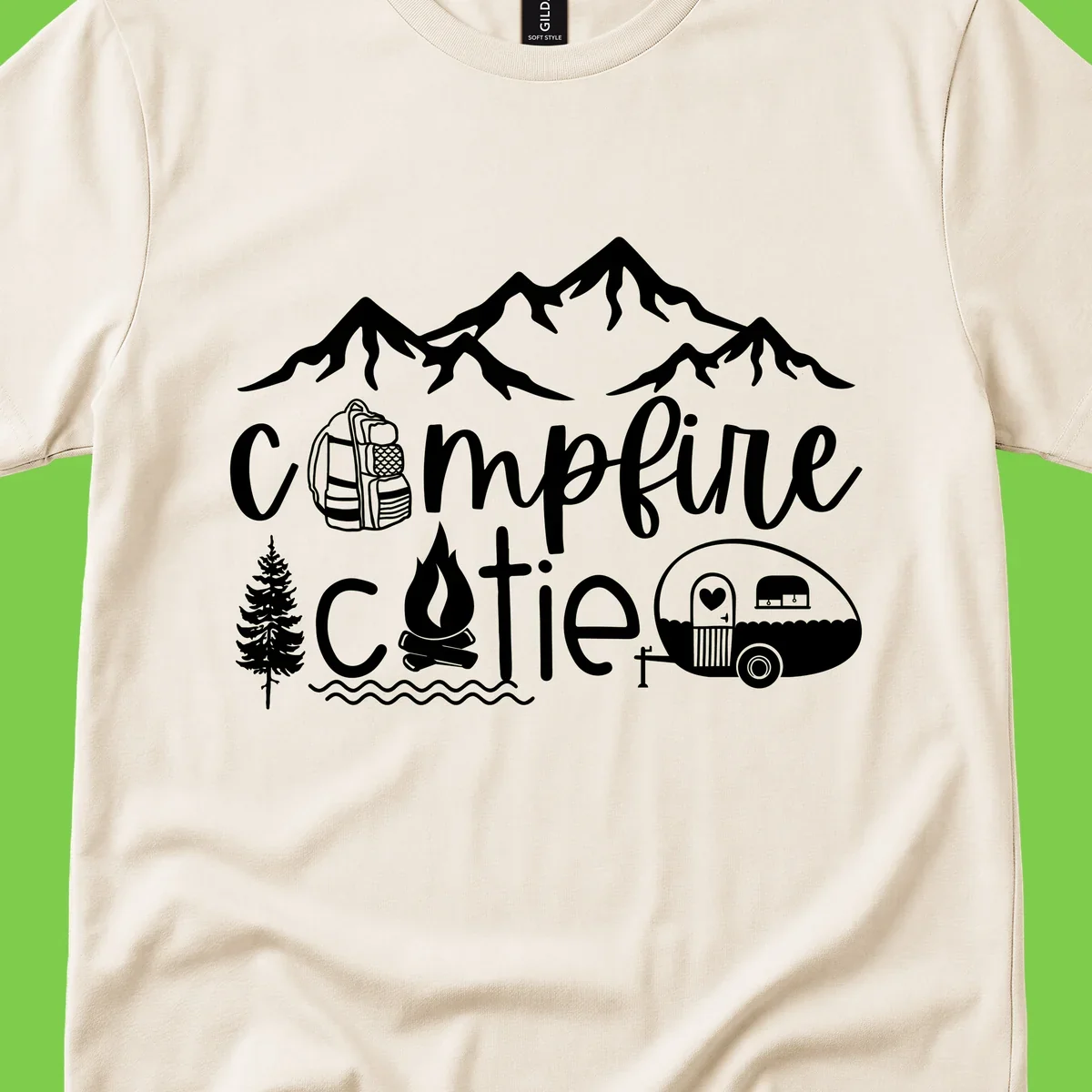 Campfire cutie camping design with mountains, backpack, camper trailer, campfire, and pine tree in white on gray background