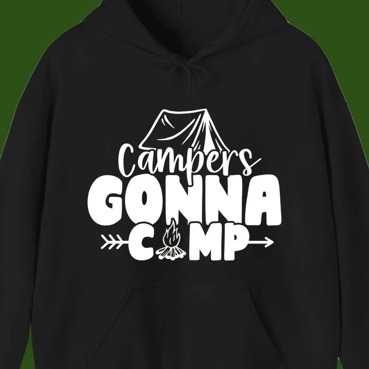 White text design reading 'Campers GONNA CAMP' with tent and campfire illustrations on gray background