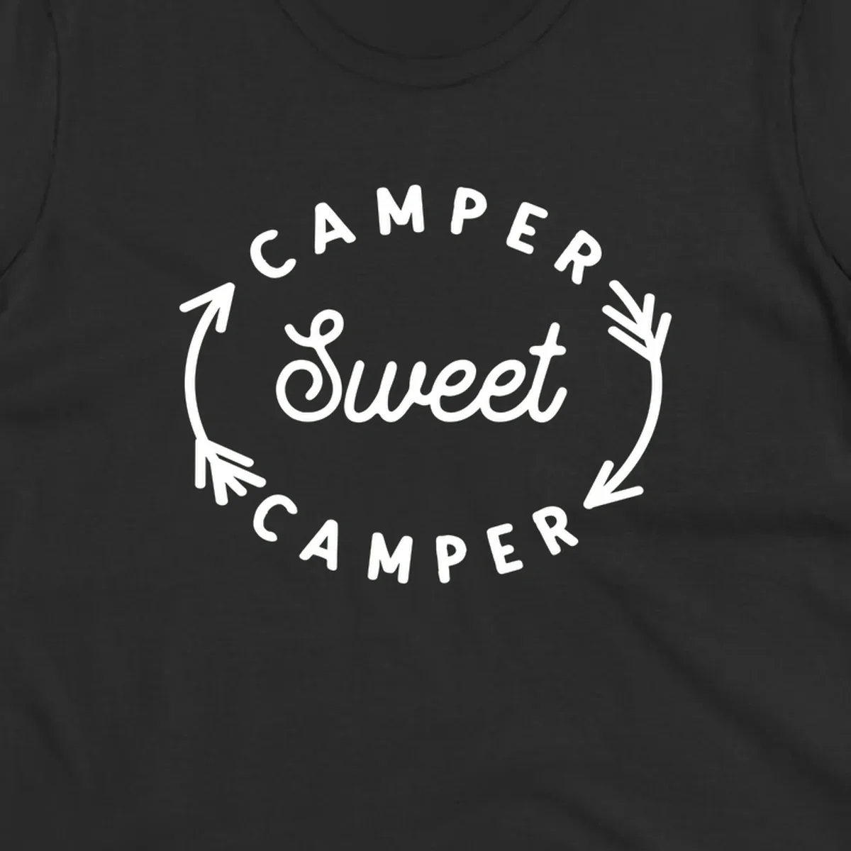 Circular badge design with 'Camper Sweet Camper' text and pine branch decorations in white on gray background