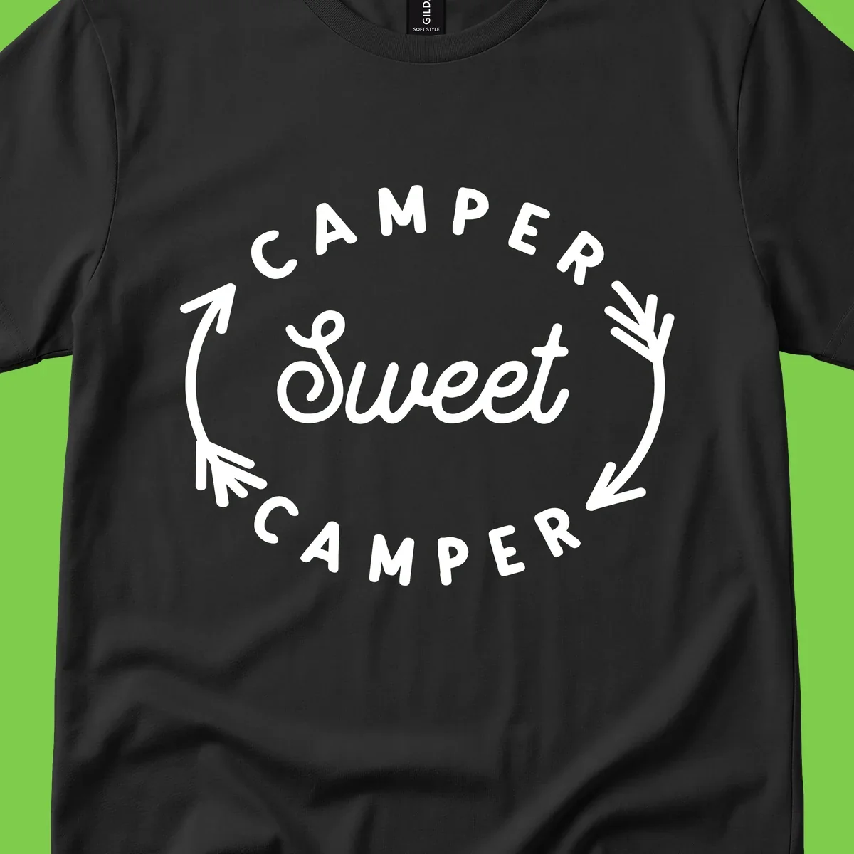Circular badge design with 'Camper Sweet Camper' text and pine branch decorations in white on gray background