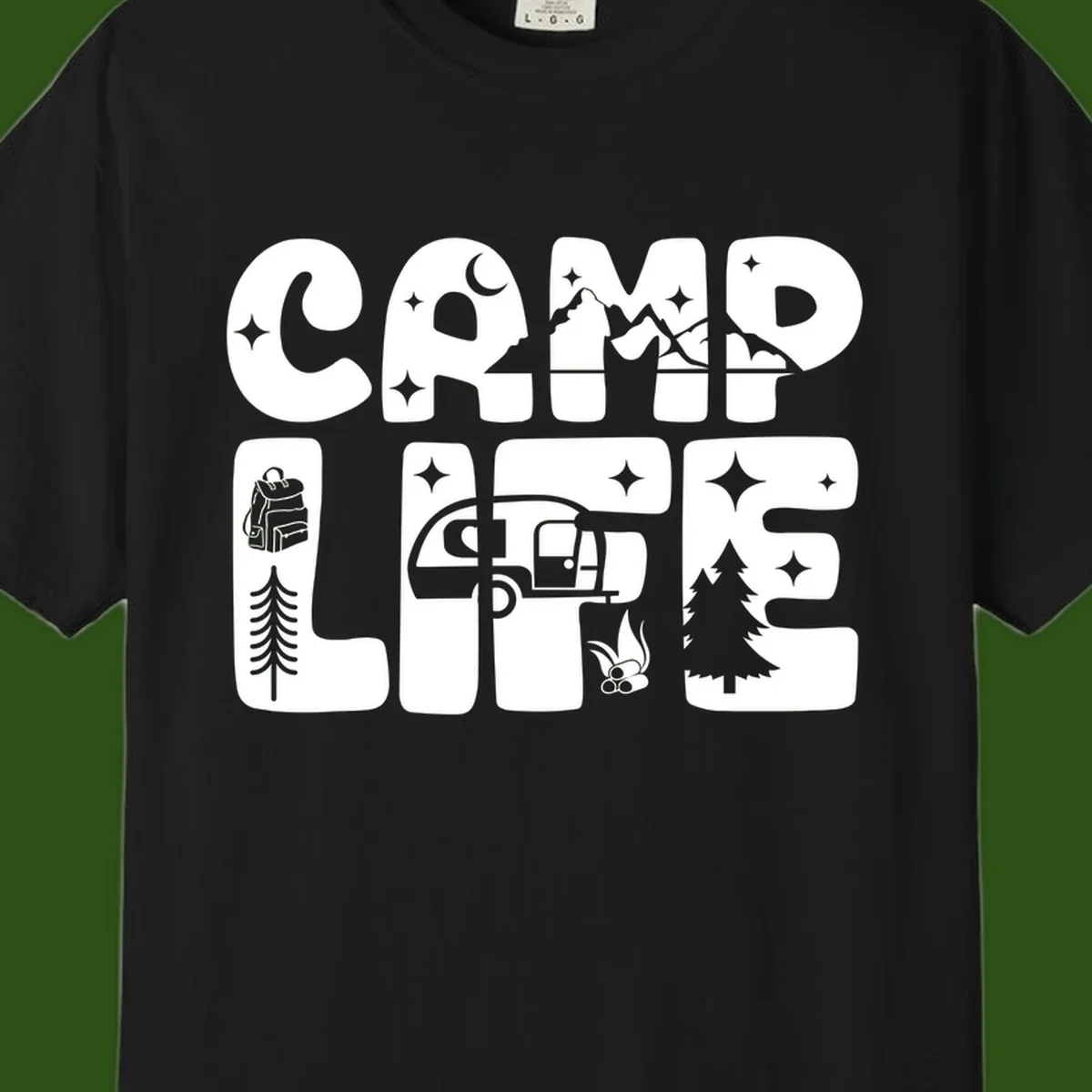 Camp life grid design featuring mountains, RV, campfire, trees, and hiking silhouette with moon and stars in monochrome illustration