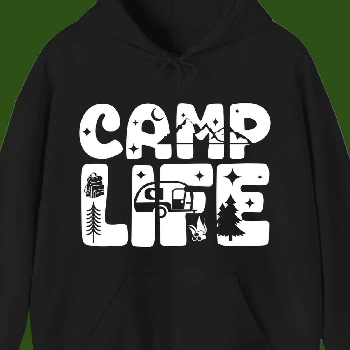 Camp life grid design featuring mountains, RV, campfire, trees, and hiking silhouette with moon and stars in monochrome illustration