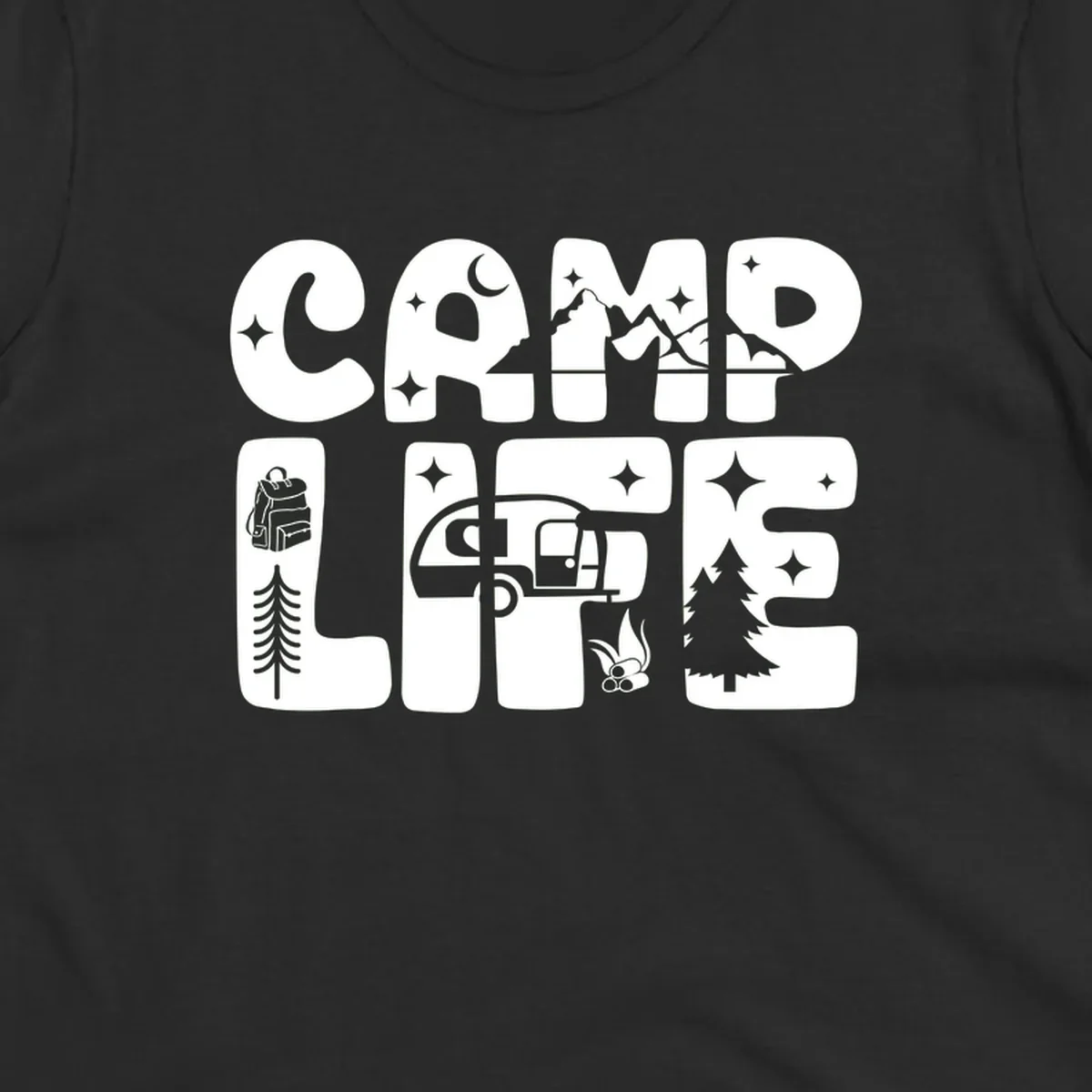 Camp life grid design featuring mountains, RV, campfire, trees, and hiking silhouette with moon and stars in monochrome illustration