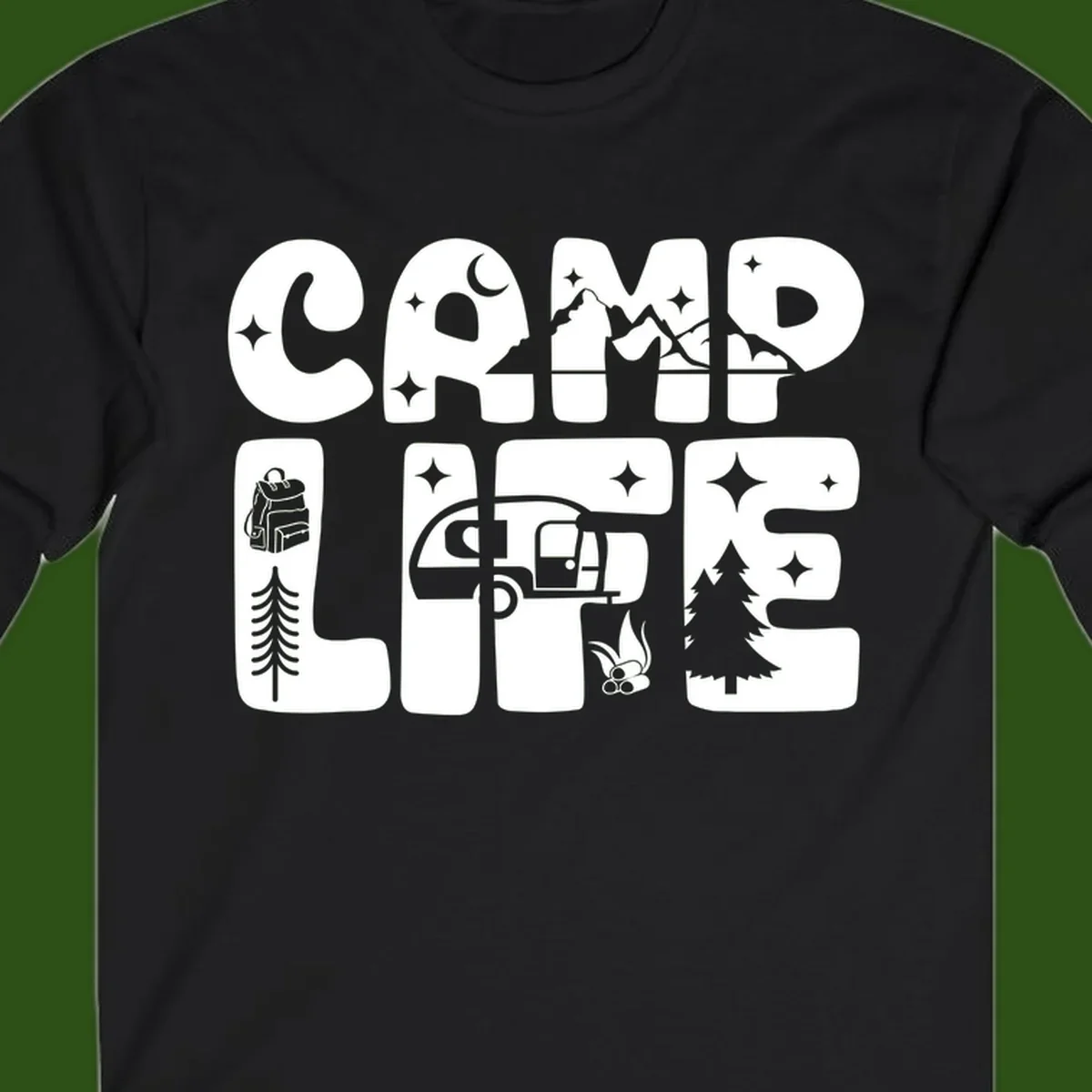 Camp life grid design featuring mountains, RV, campfire, trees, and hiking silhouette with moon and stars in monochrome illustration