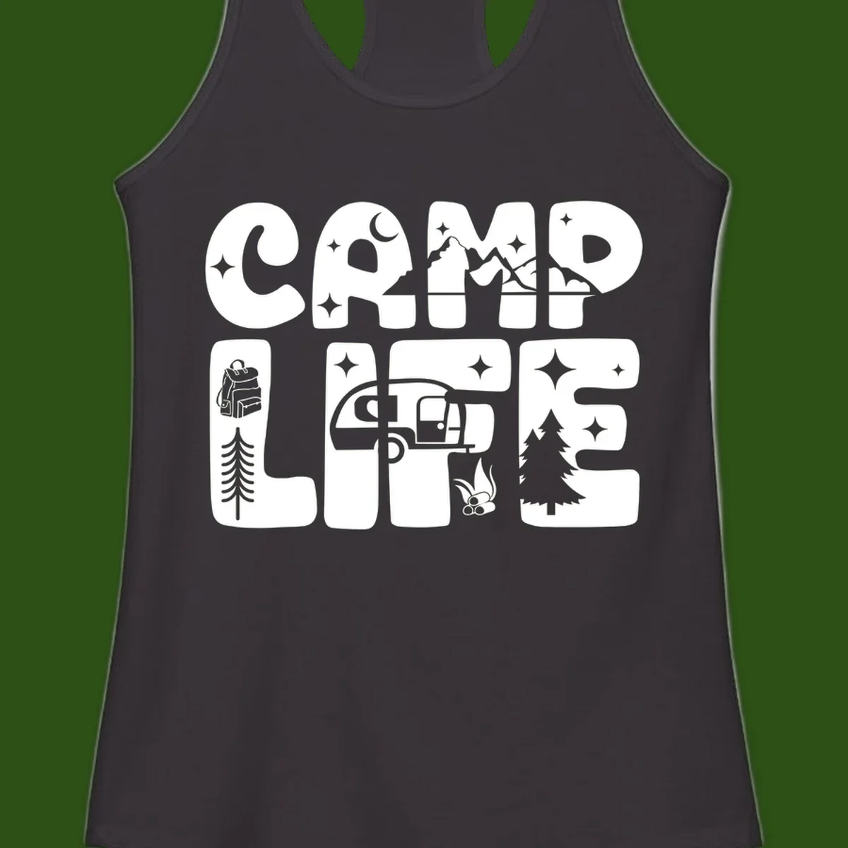 Camp life grid design featuring mountains, RV, campfire, trees, and hiking silhouette with moon and stars in monochrome illustration