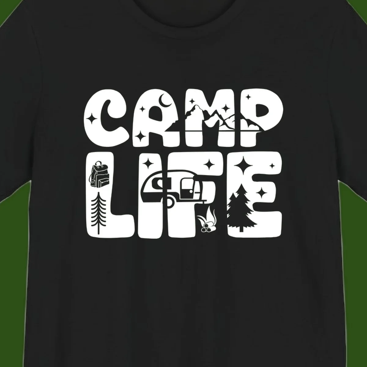 Camp life grid design featuring mountains, RV, campfire, trees, and hiking silhouette with moon and stars in monochrome illustration