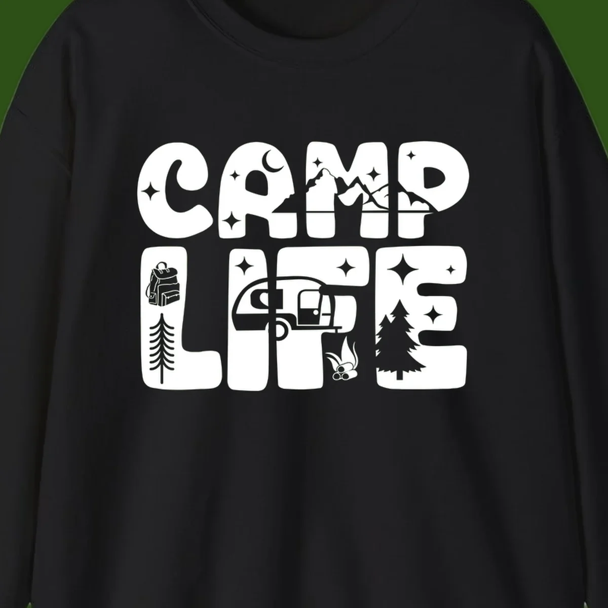 Camp life grid design featuring mountains, RV, campfire, trees, and hiking silhouette with moon and stars in monochrome illustration