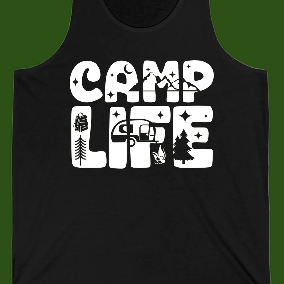 Camp life grid design featuring mountains, RV, campfire, trees, and hiking silhouette with moon and stars in monochrome illustration