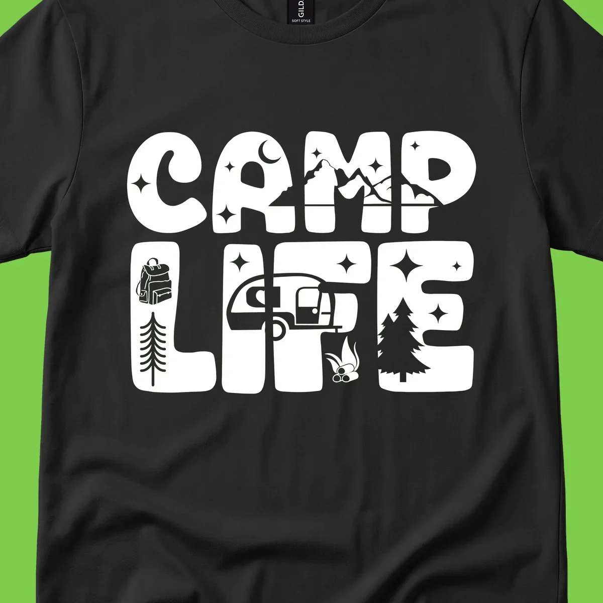 Camp life grid design featuring mountains, RV, campfire, trees, and hiking silhouette with moon and stars in monochrome illustration