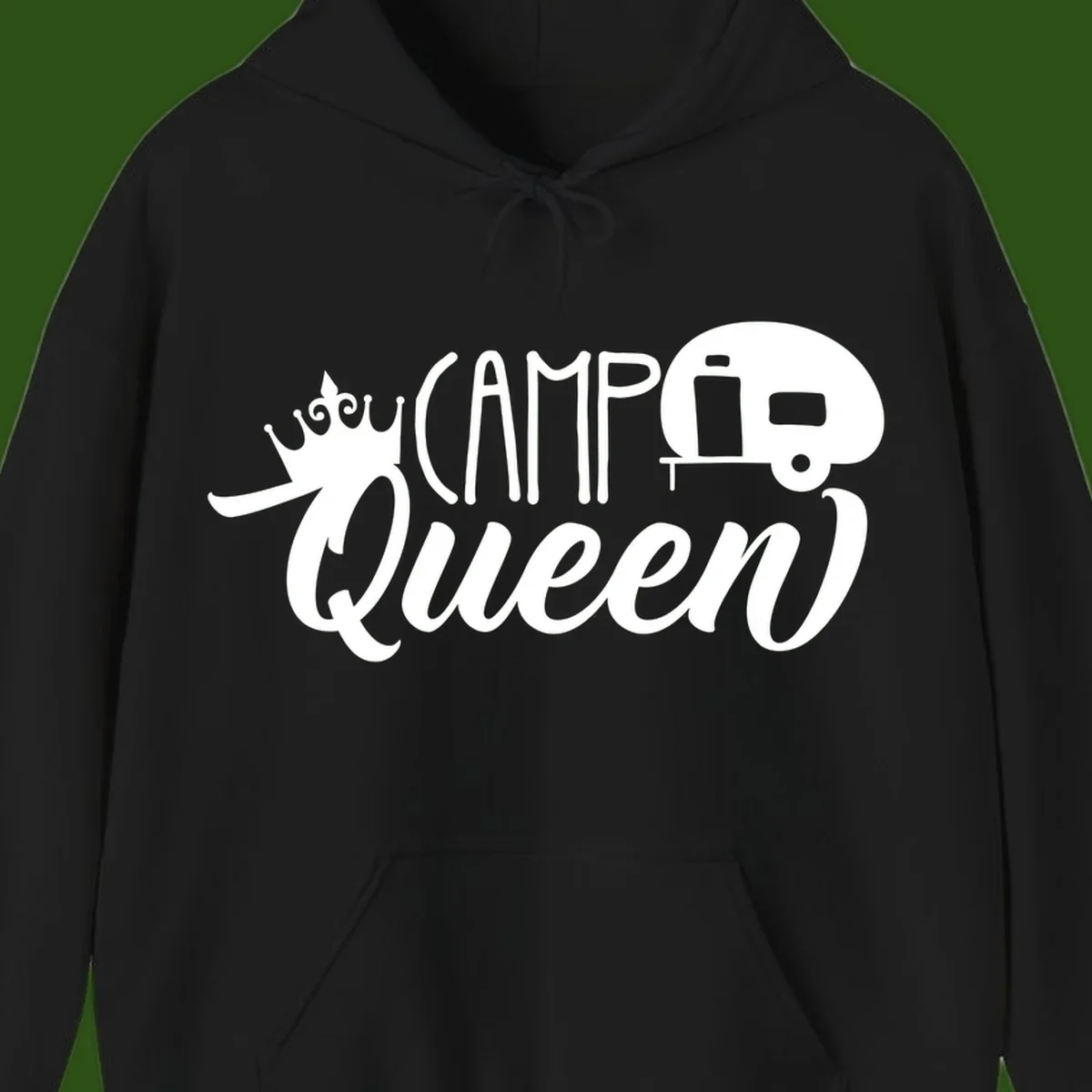 Camp queen glamping design with crown, vintage RV trailer, and script lettering on gray background