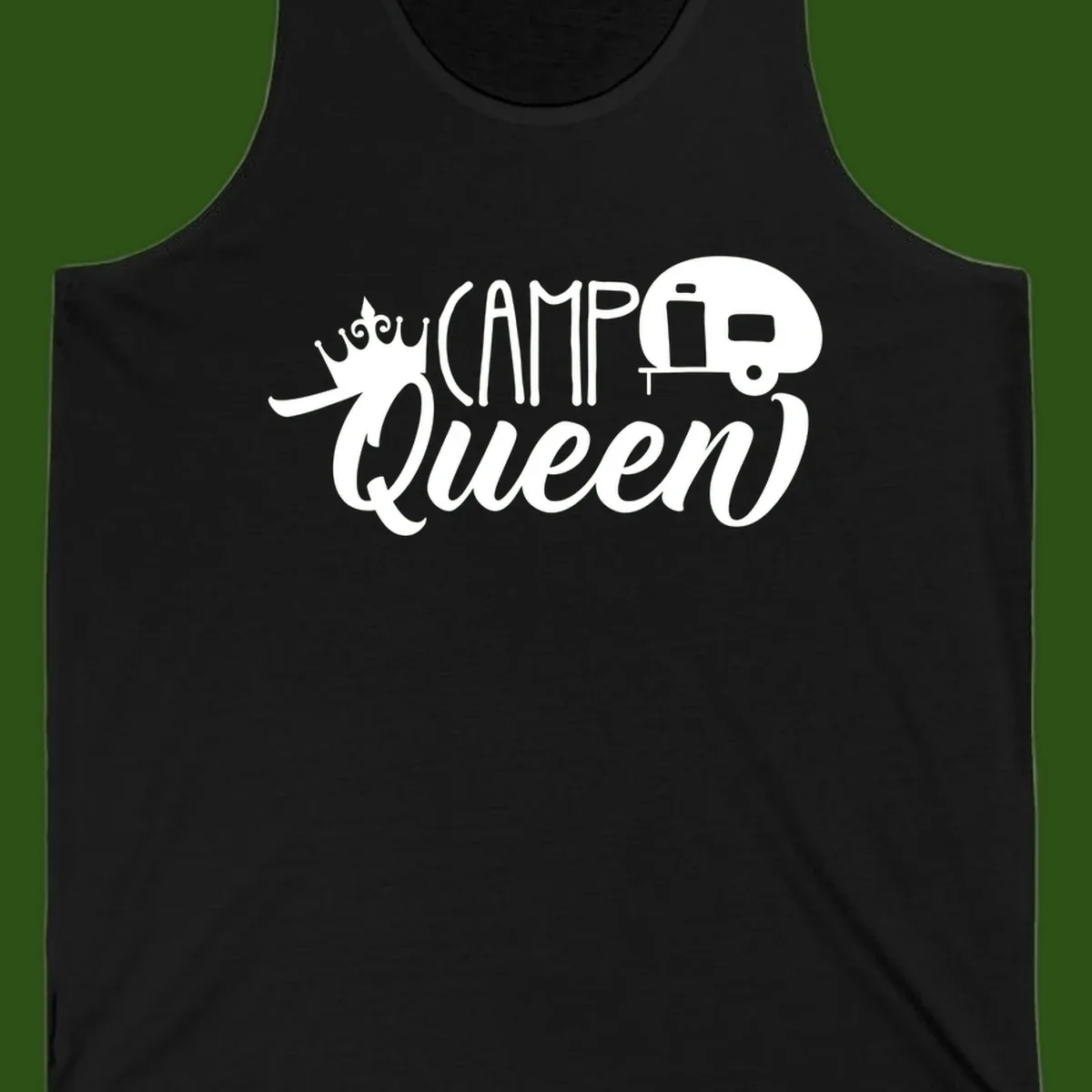 Camp queen glamping design with crown, vintage RV trailer, and script lettering on gray background