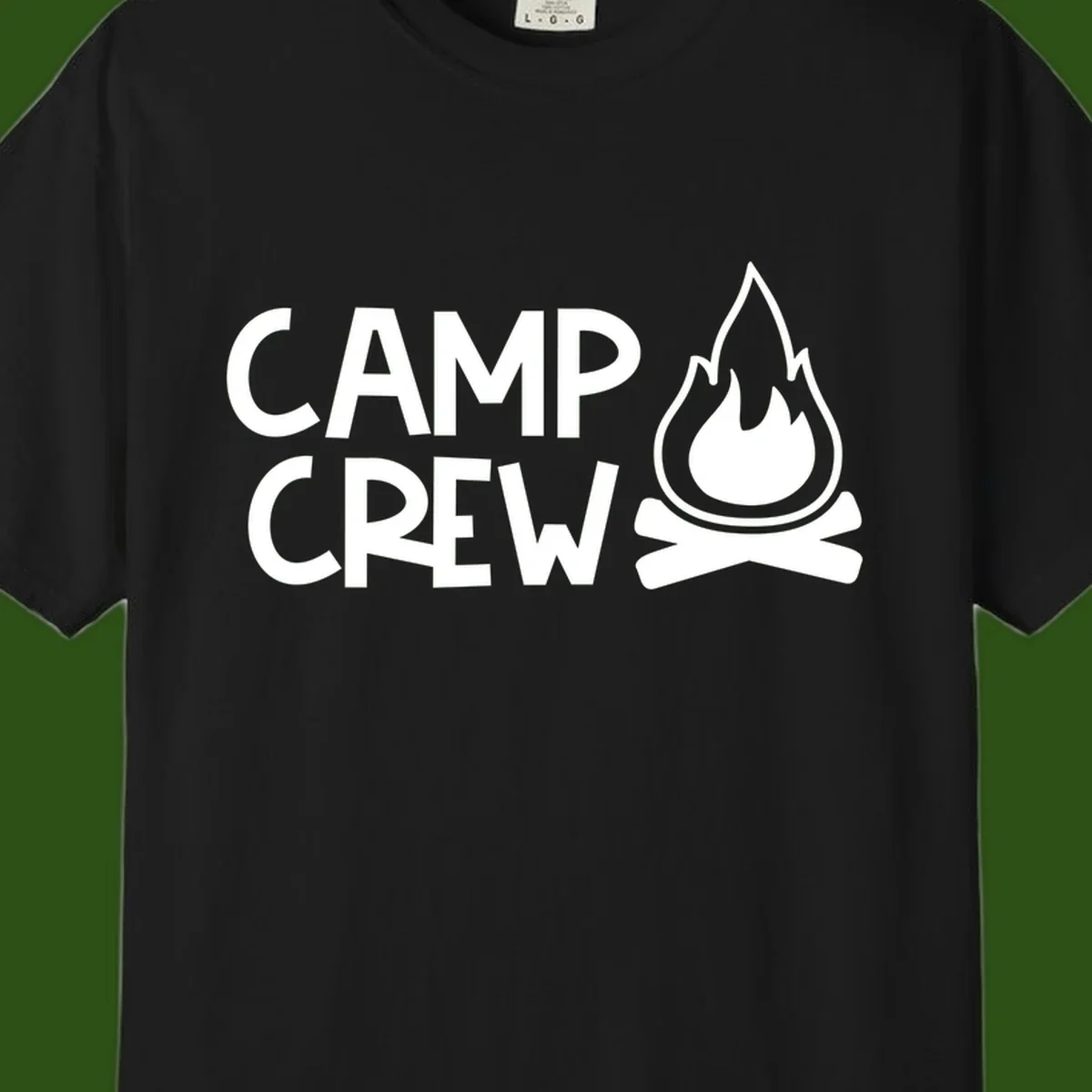 Camp crew campfire design with white text and stylized flames above crossed logs on gray background