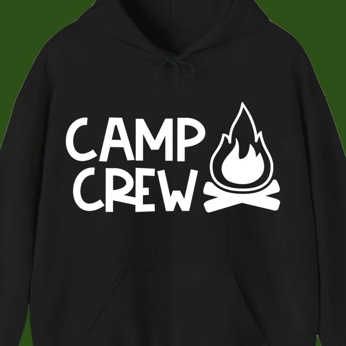 Camp crew campfire design with white text and stylized flames above crossed logs on gray background