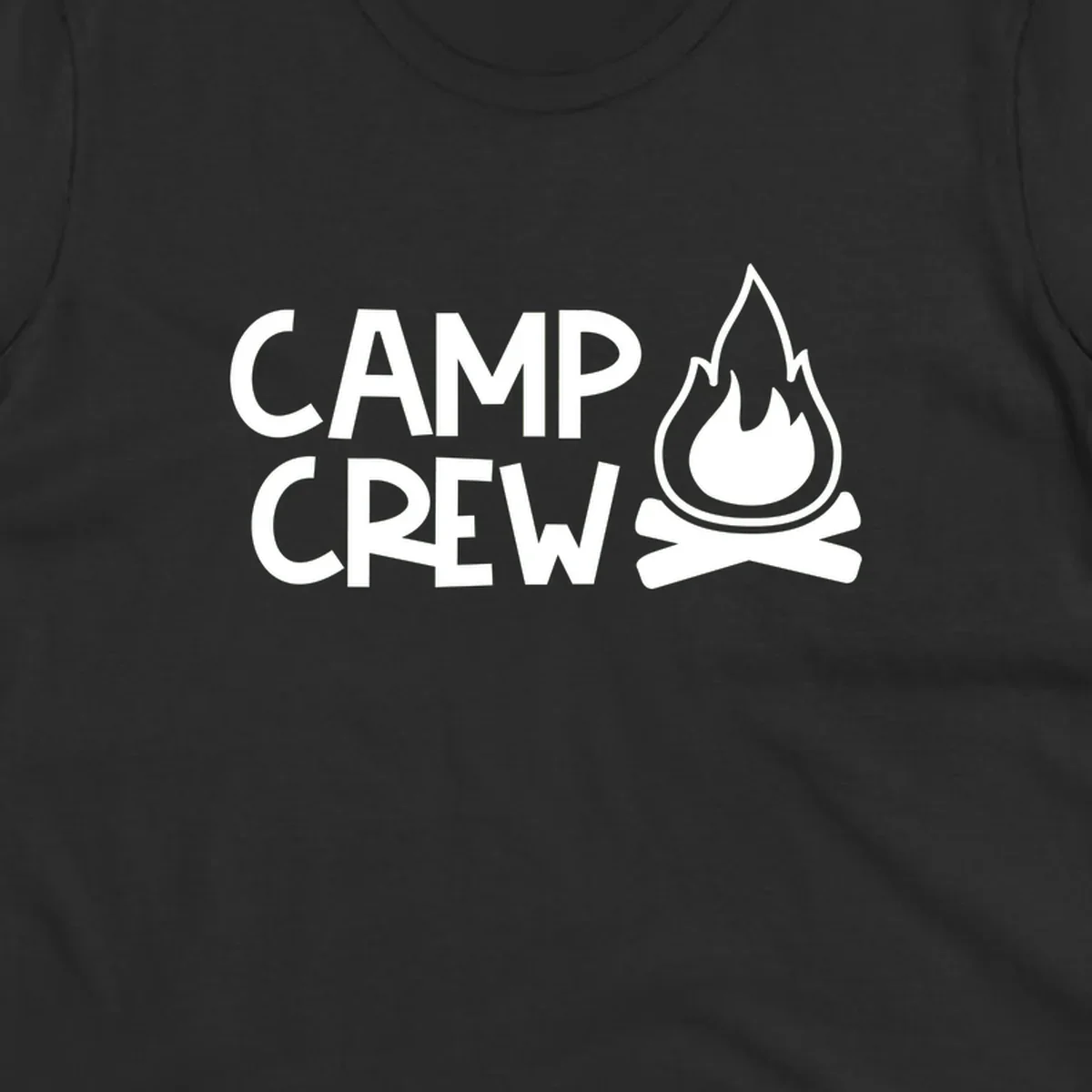Camp crew campfire design with white text and stylized flames above crossed logs on gray background