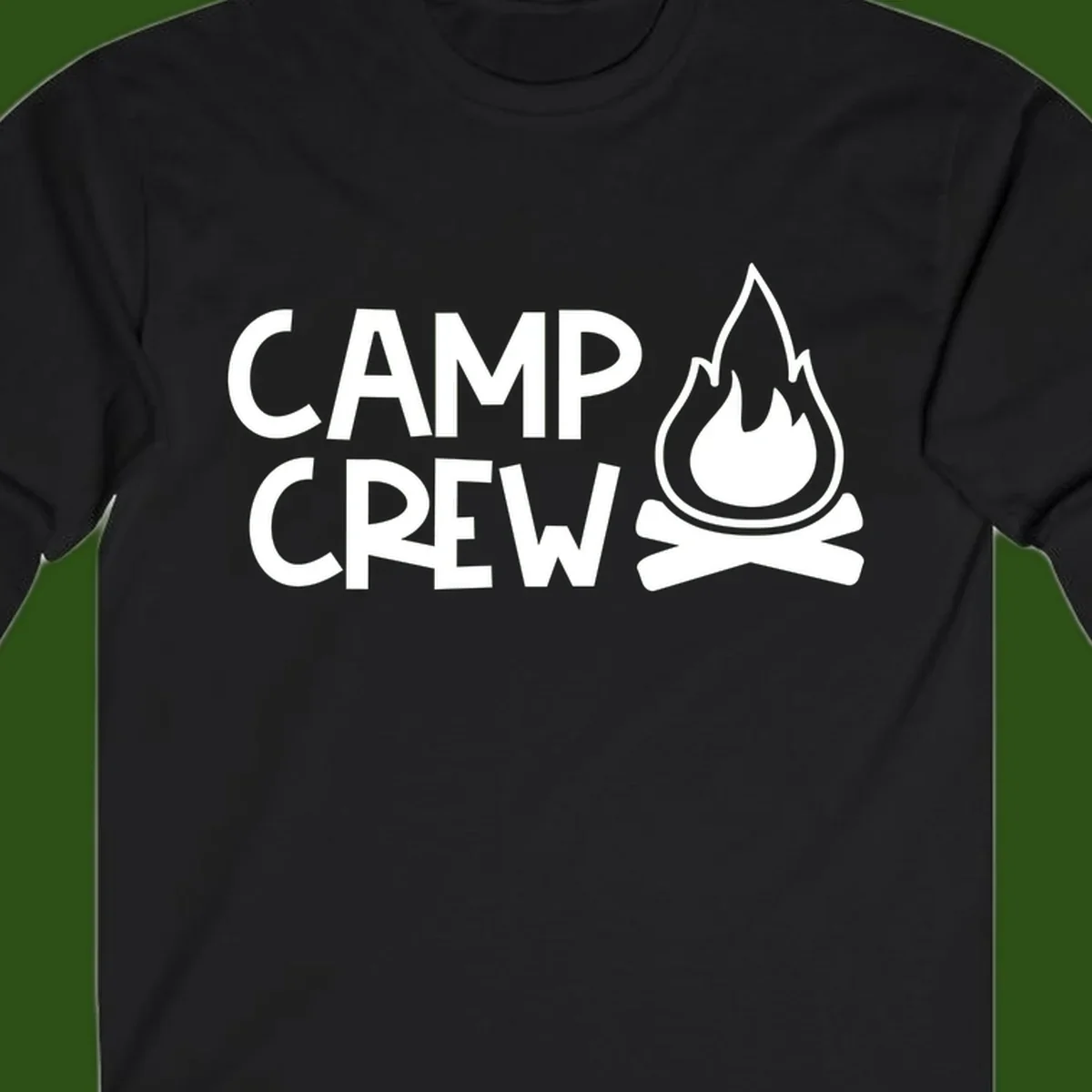 Camp crew campfire design with white text and stylized flames above crossed logs on gray background