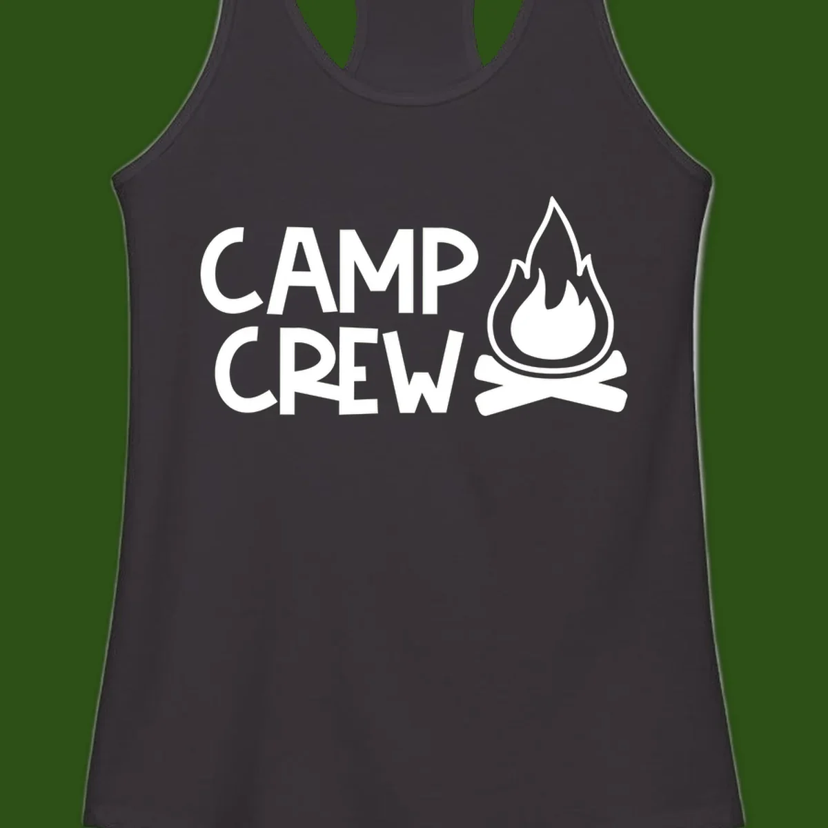 Camp crew campfire design with white text and stylized flames above crossed logs on gray background