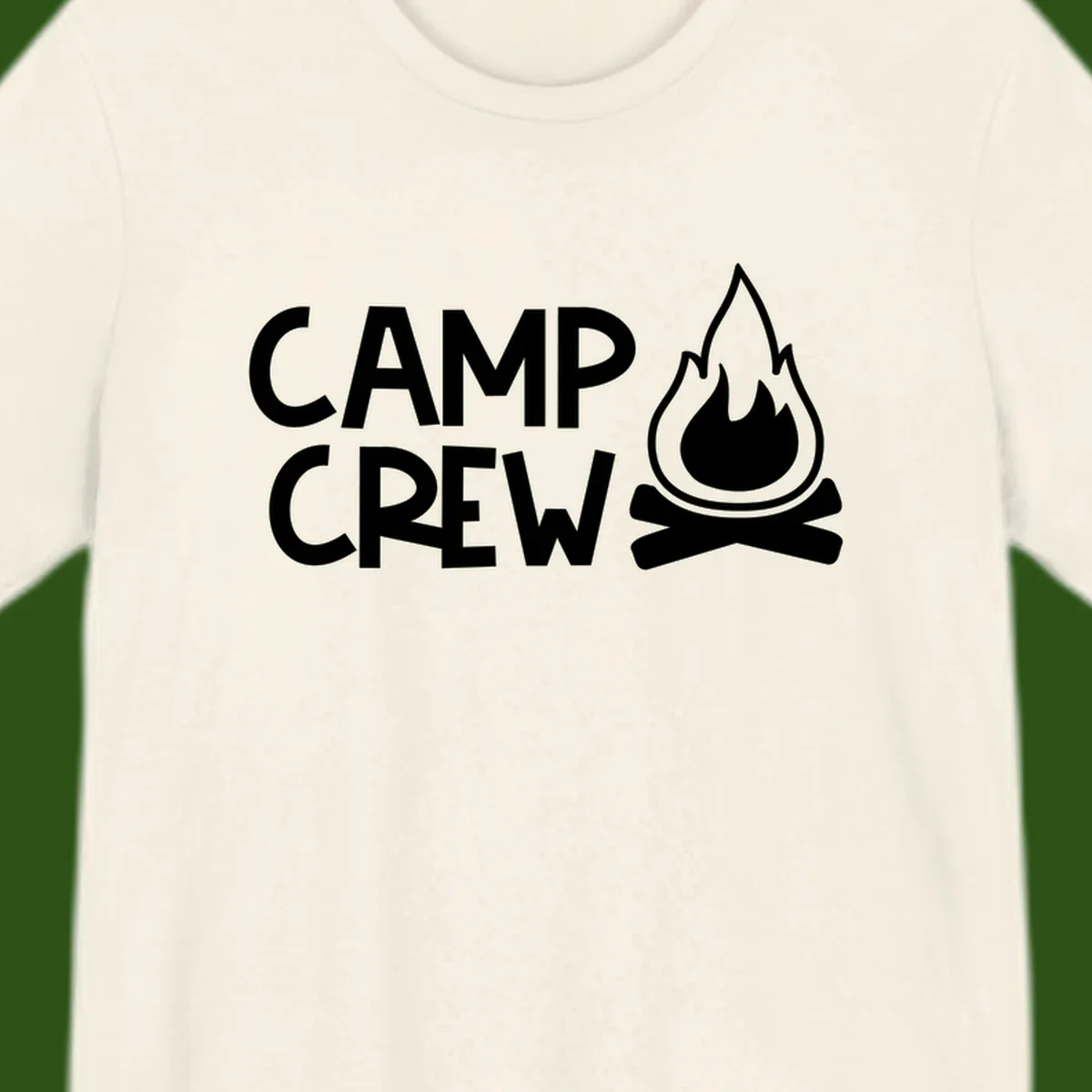 Camp crew campfire design with white text and stylized flames above crossed logs on gray background