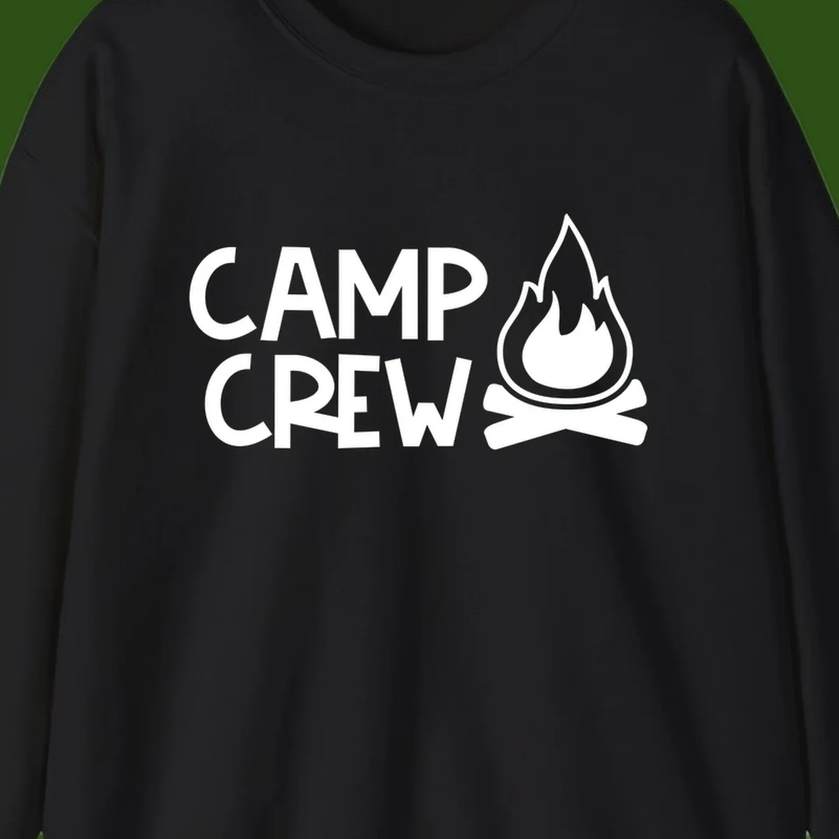 Camp crew campfire design with white text and stylized flames above crossed logs on gray background