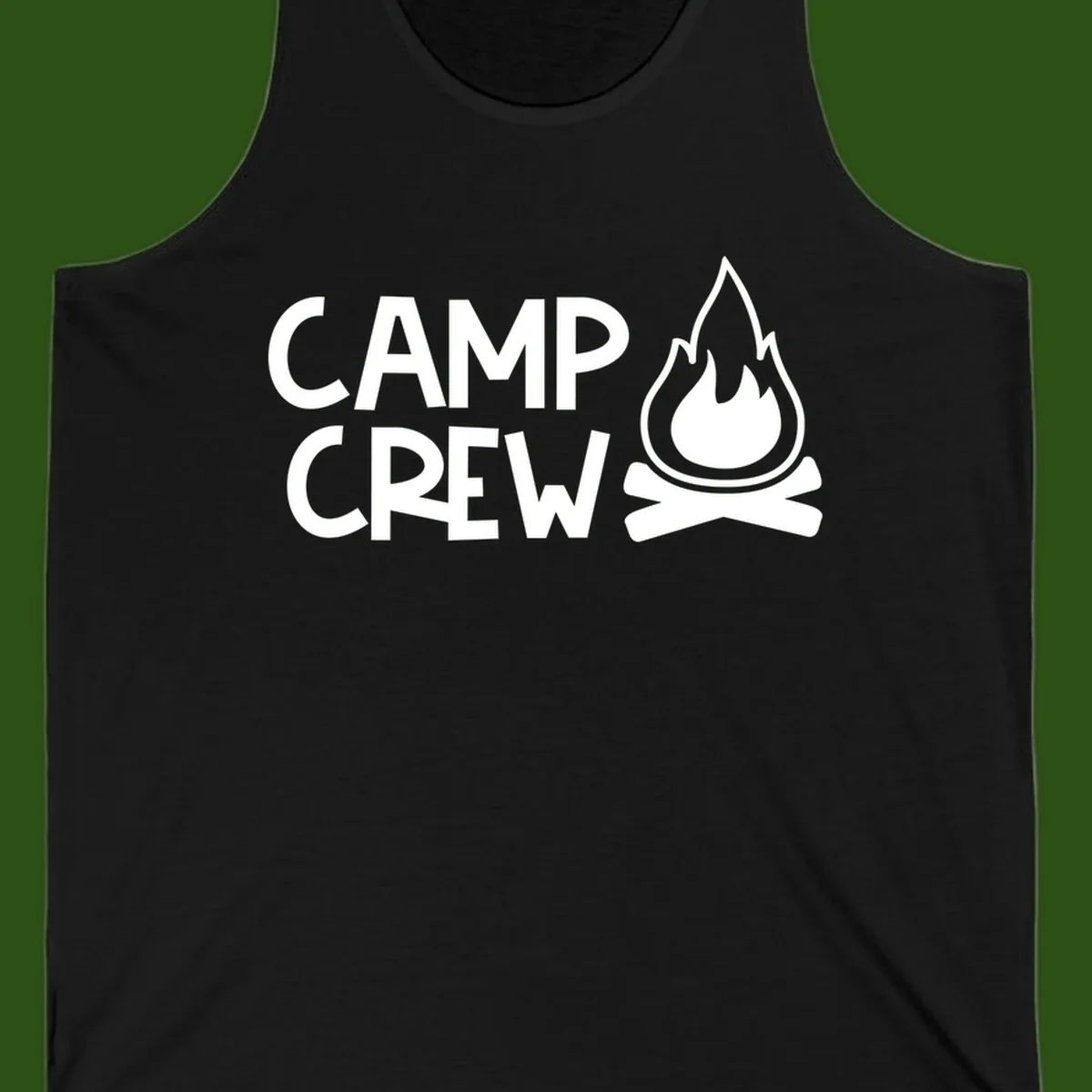 Camp crew campfire design with white text and stylized flames above crossed logs on gray background