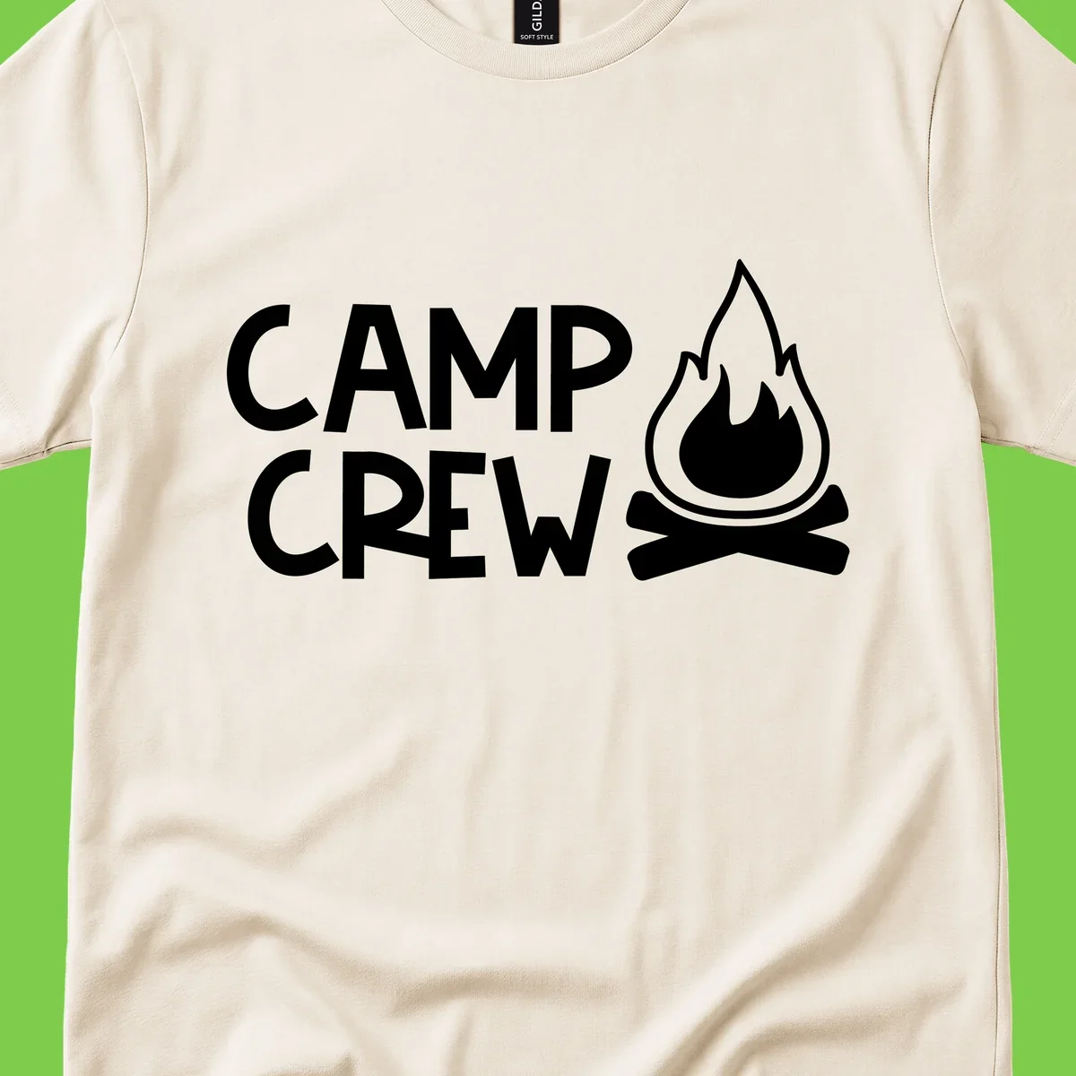 Camp crew campfire design with white text and stylized flames above crossed logs on gray background