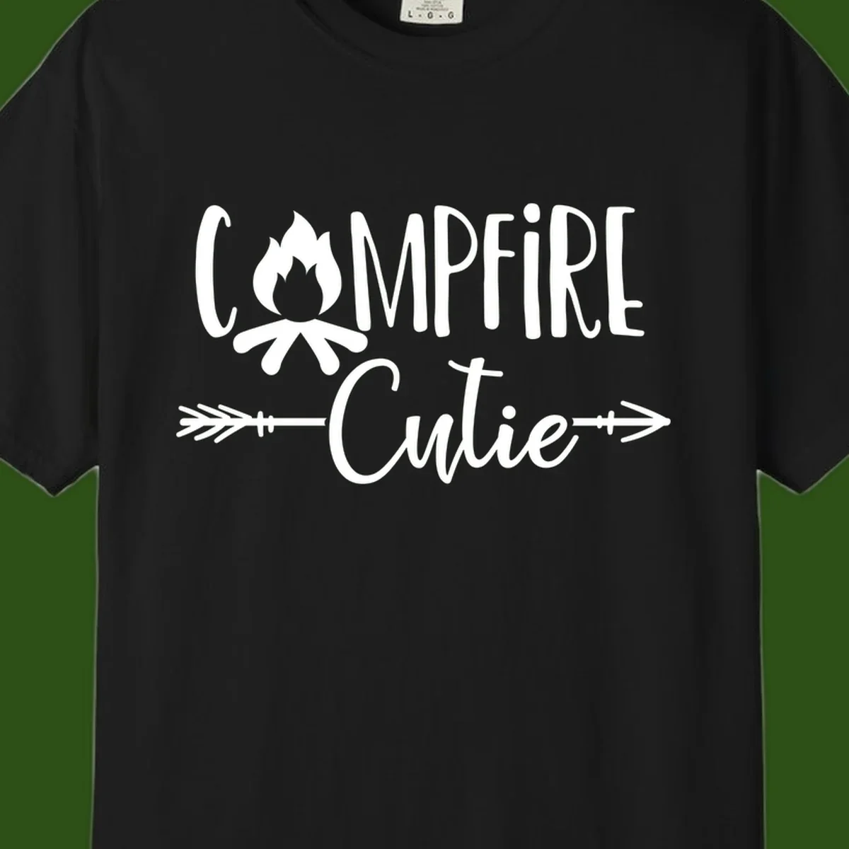 Campfire cutie design with stylized flame icon and decorative arrows on gray background