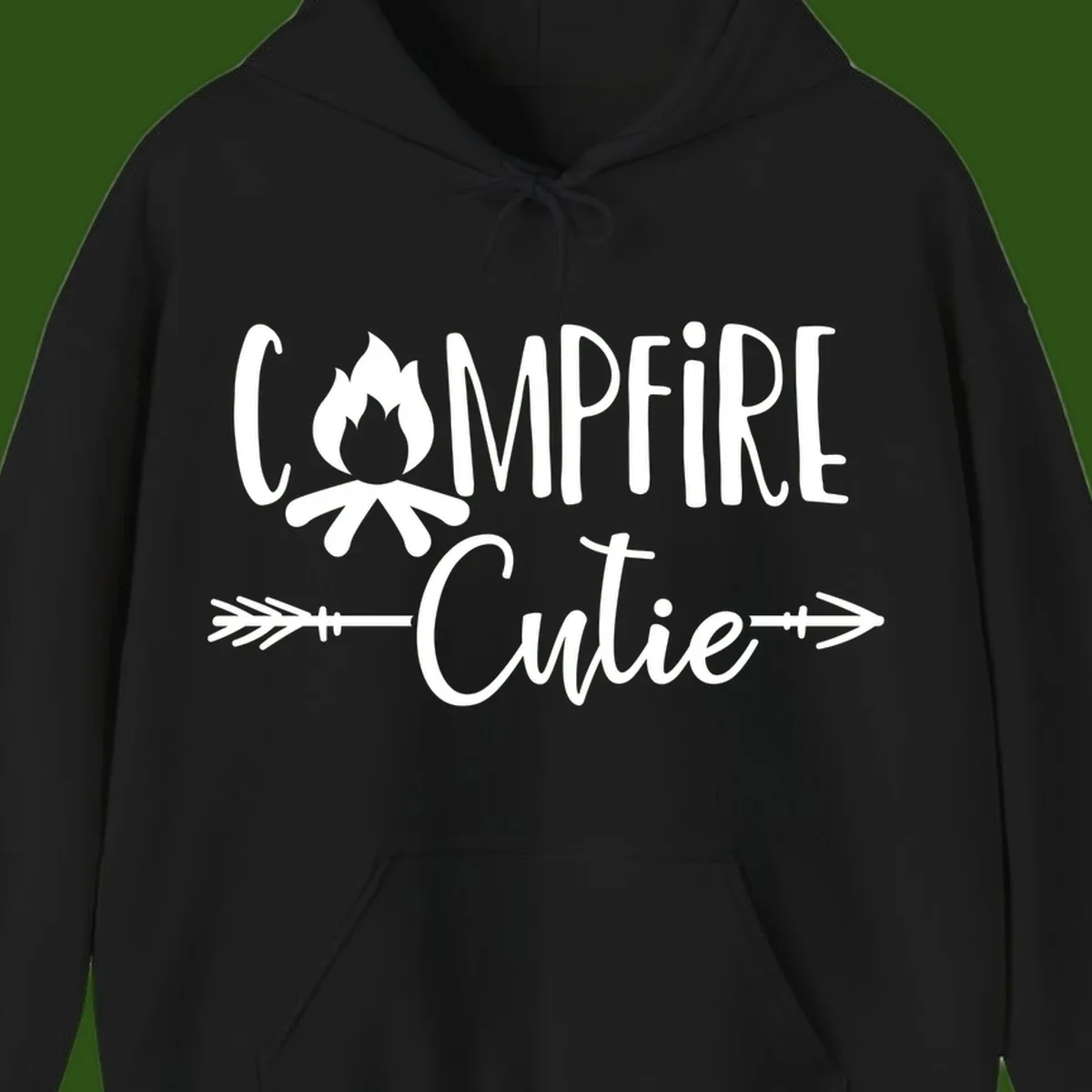 Campfire cutie design with stylized flame icon and decorative arrows on gray background
