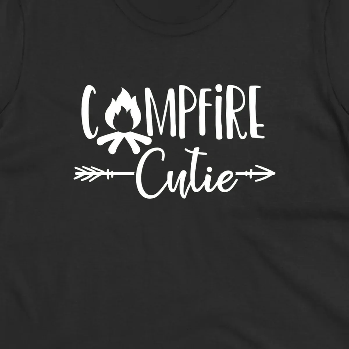 Campfire cutie design with stylized flame icon and decorative arrows on gray background