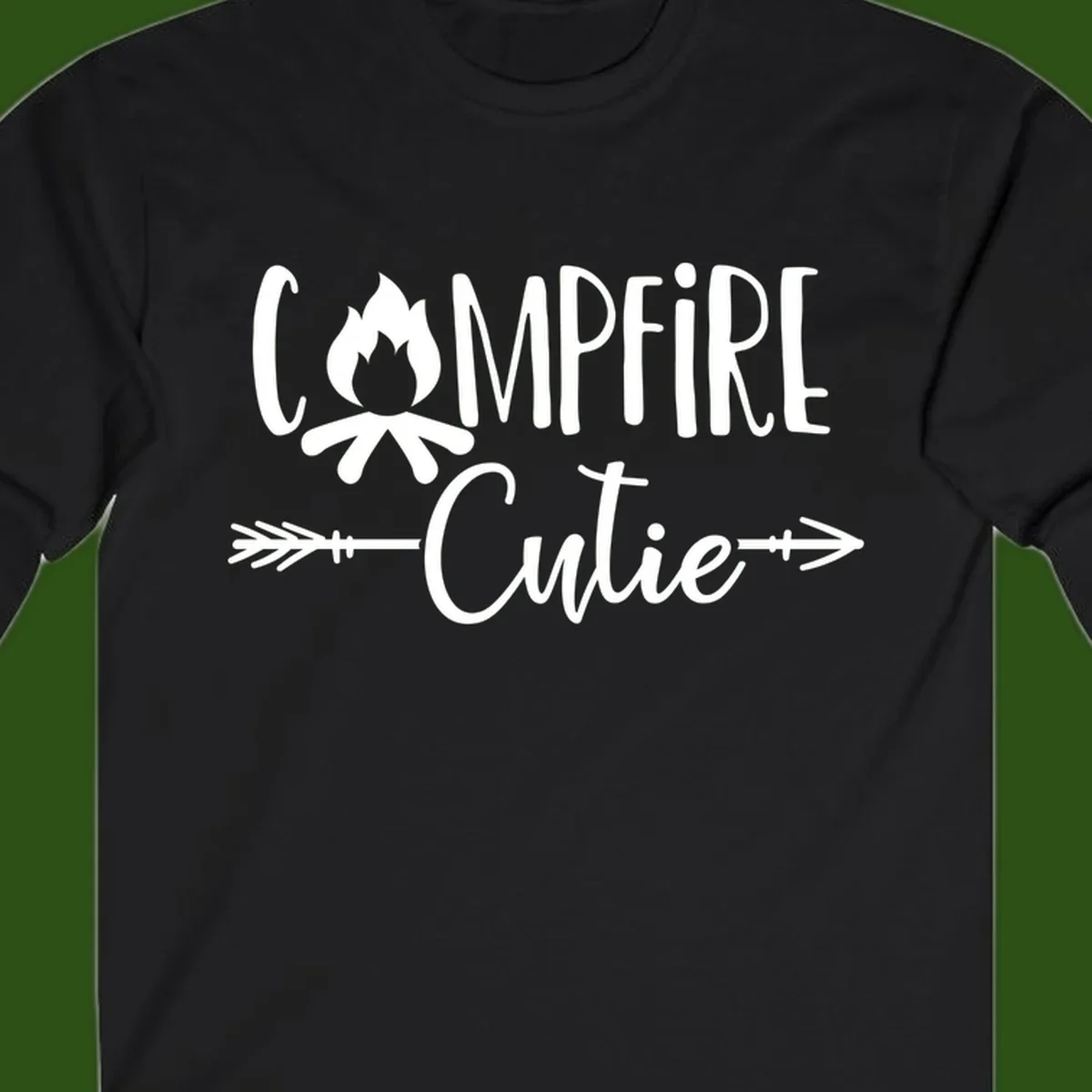 Campfire cutie design with stylized flame icon and decorative arrows on gray background