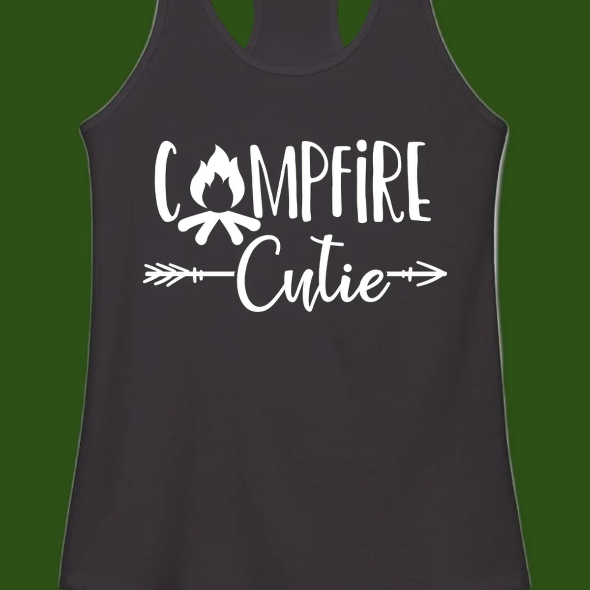 Campfire cutie design with stylized flame icon and decorative arrows on gray background