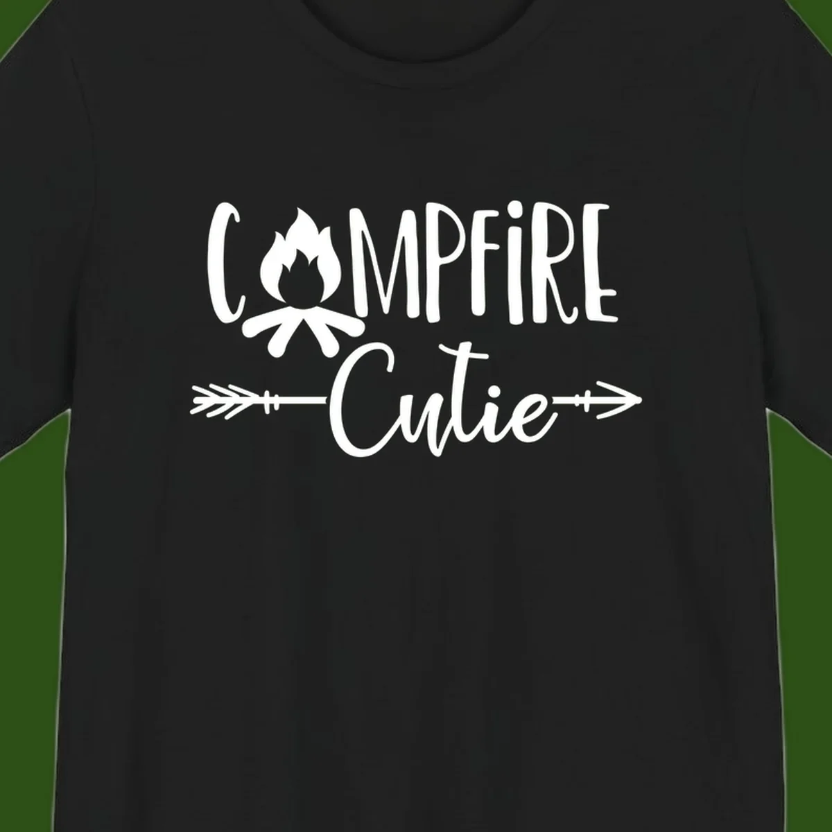 Campfire cutie design with stylized flame icon and decorative arrows on gray background