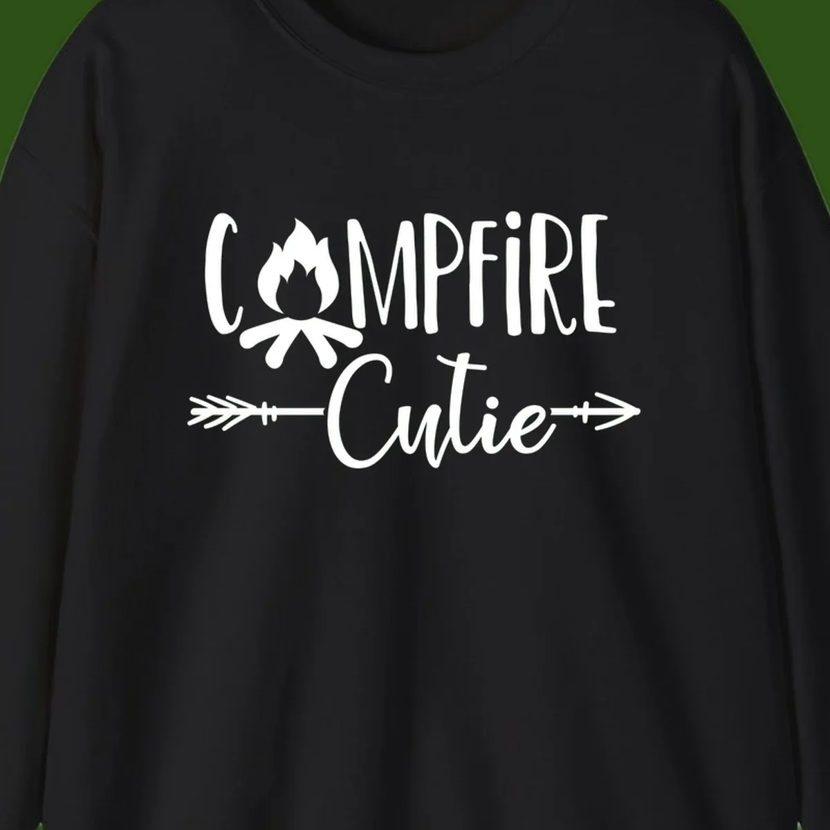 Campfire cutie design with stylized flame icon and decorative arrows on gray background
