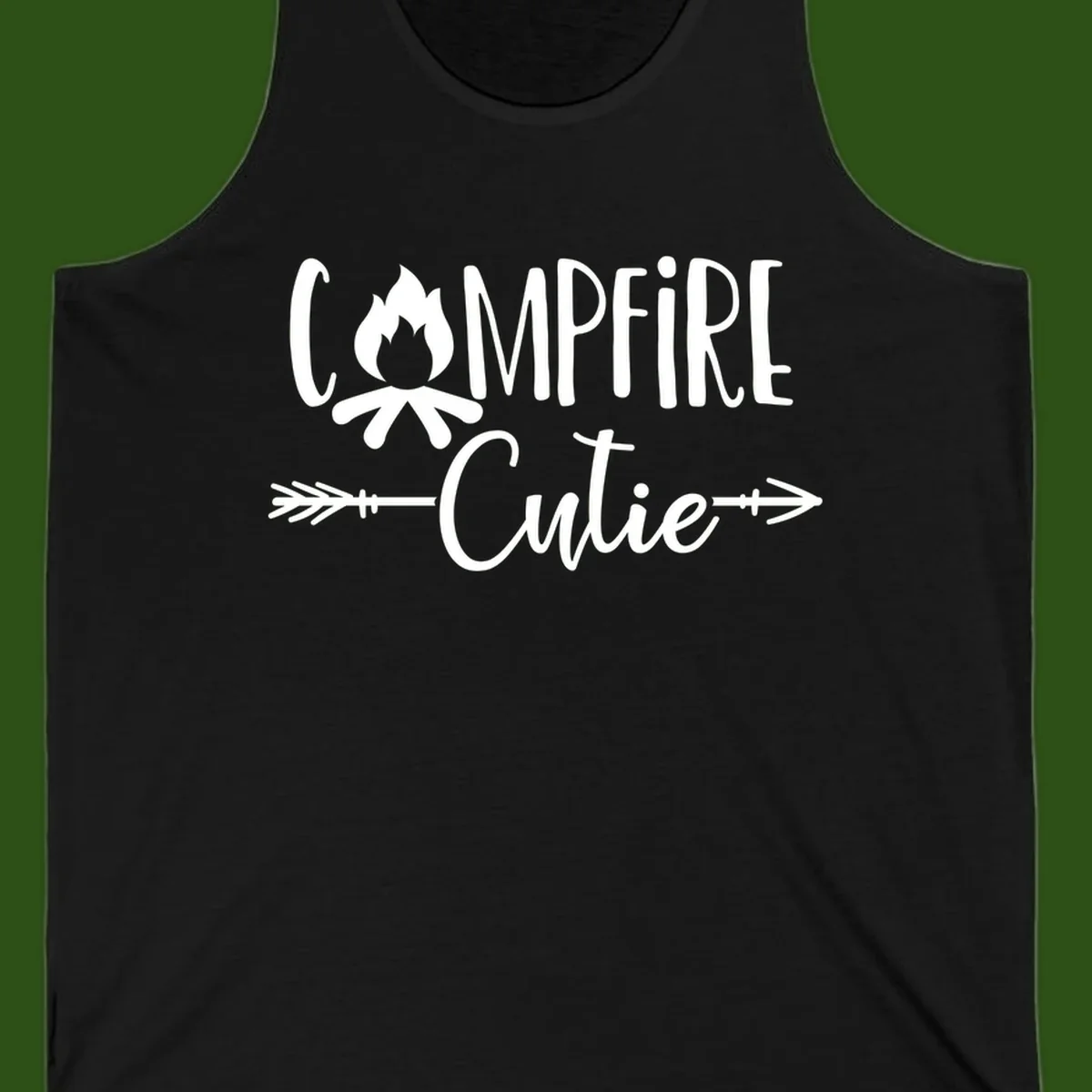 Campfire cutie design with stylized flame icon and decorative arrows on gray background