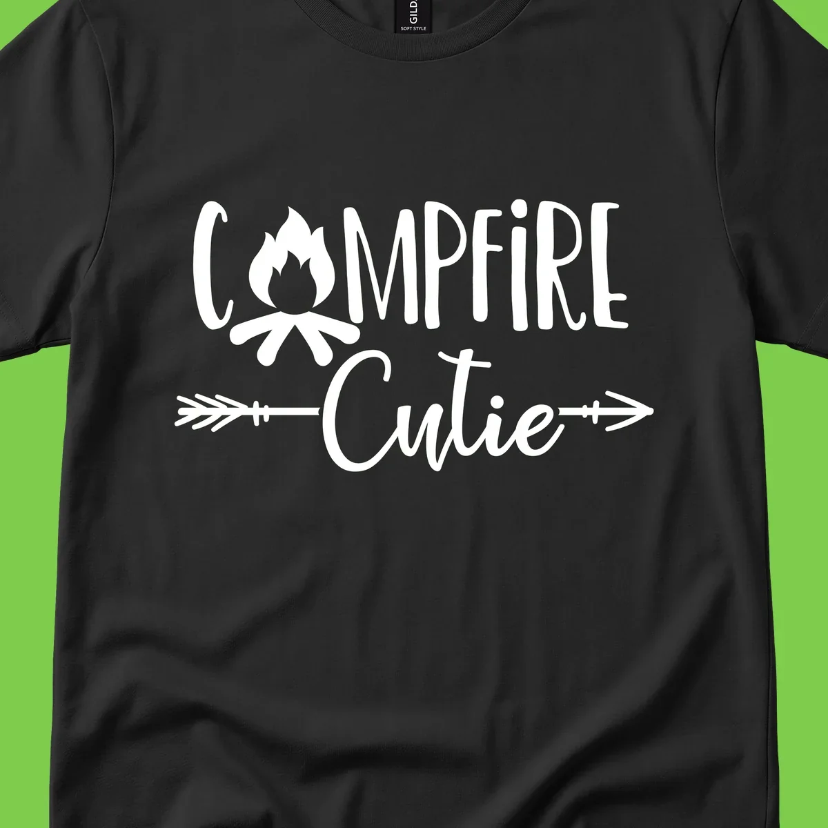 Campfire cutie design with stylized flame icon and decorative arrows on gray background