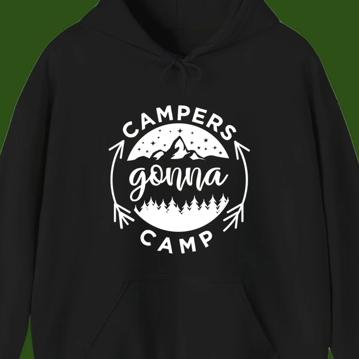 Circular badge design with 'Campers Gonna Camp' text, mountain peaks, starry sky, and pine forest illustration.
