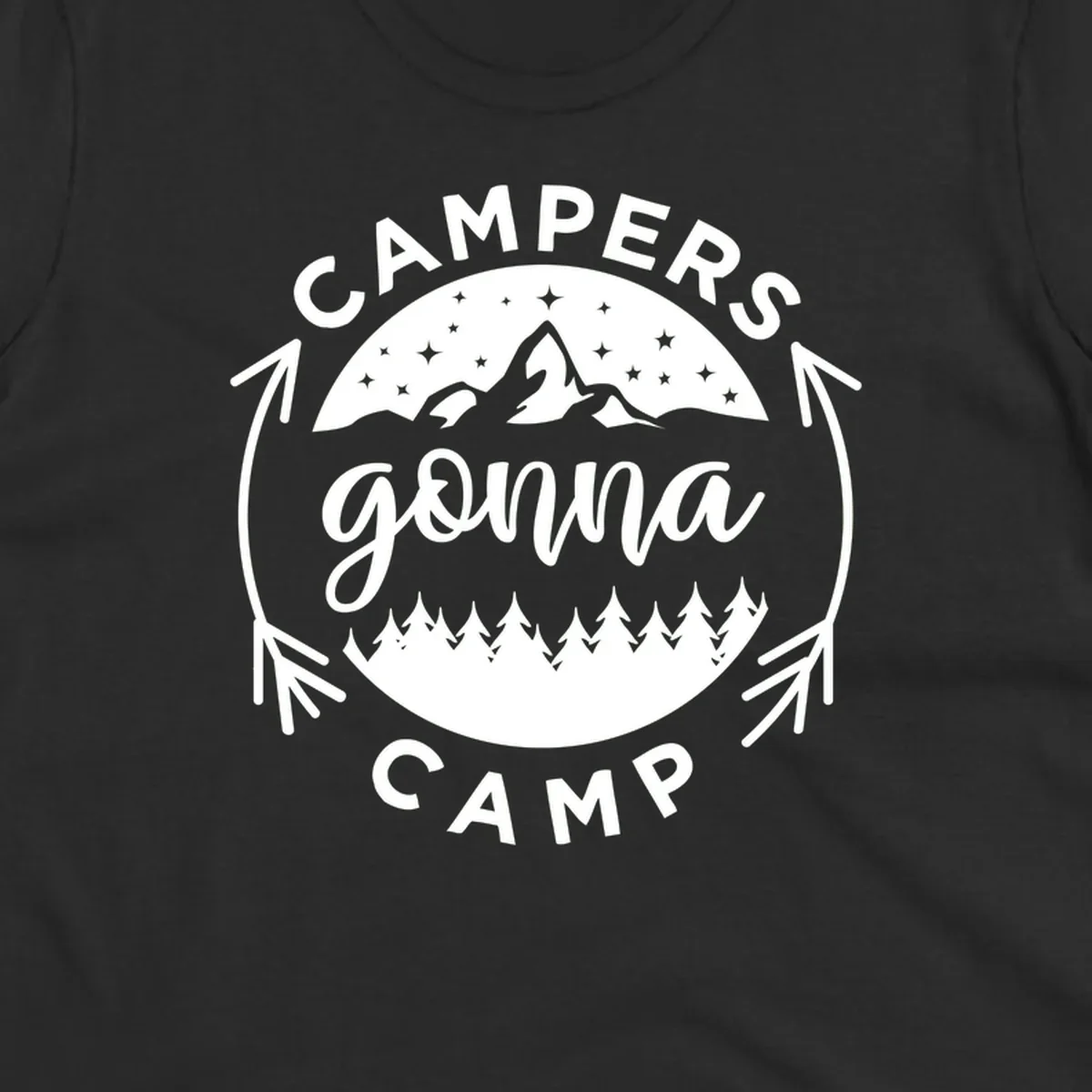 Circular badge design with 'Campers Gonna Camp' text, mountain peaks, starry sky, and pine forest illustration.