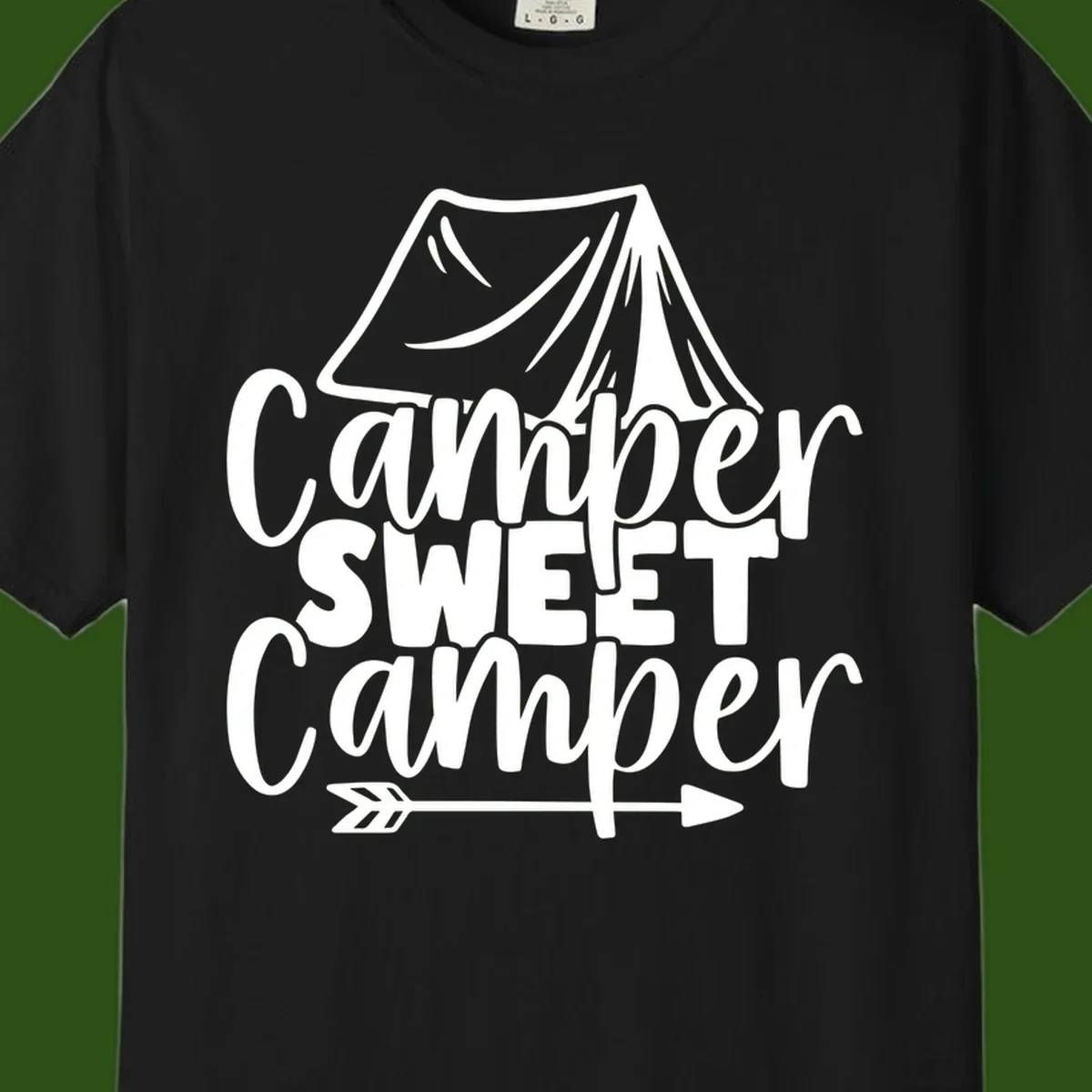 Camper Sweet Camper design with tent illustration and playful camping text