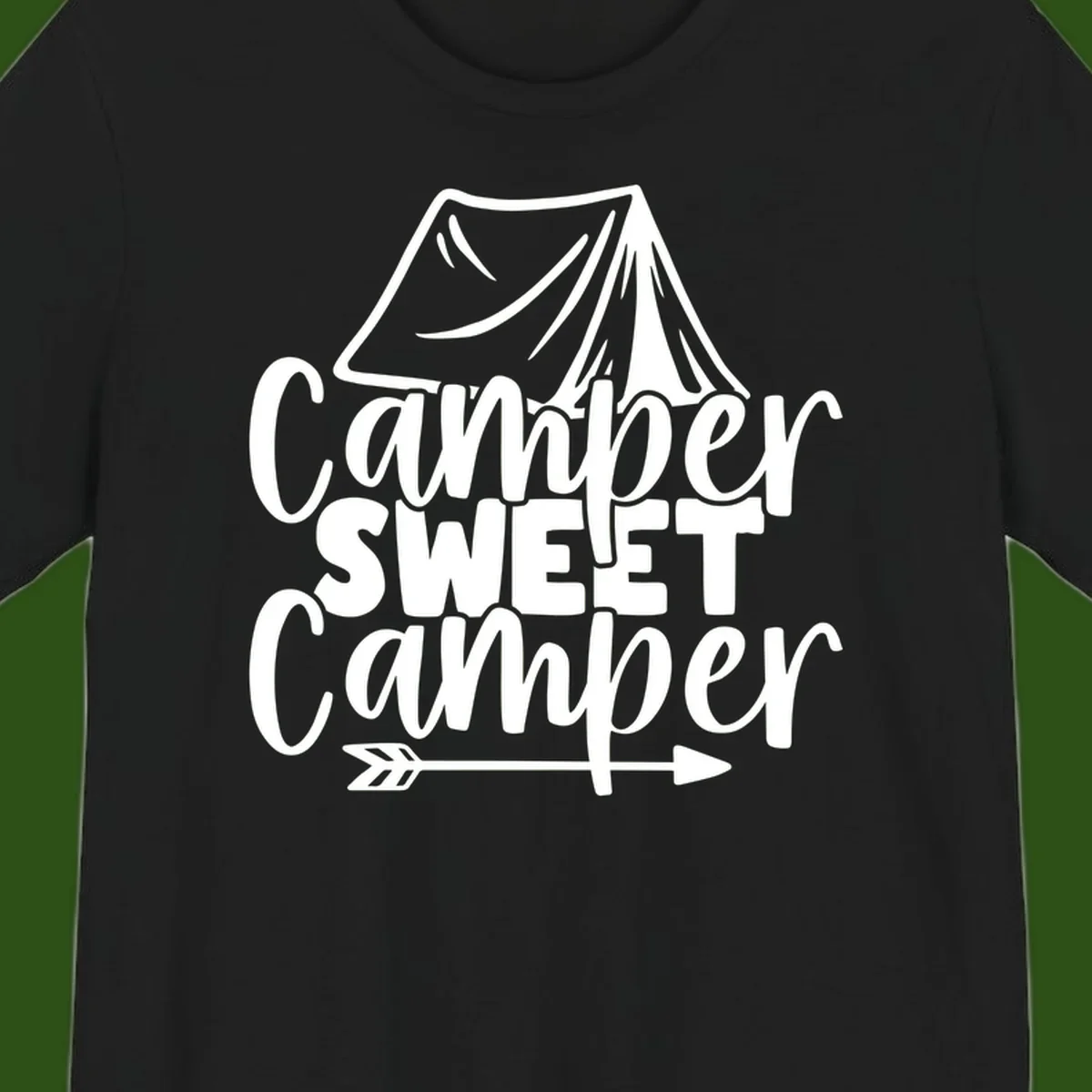 Camper Sweet Camper design with tent illustration and playful camping text