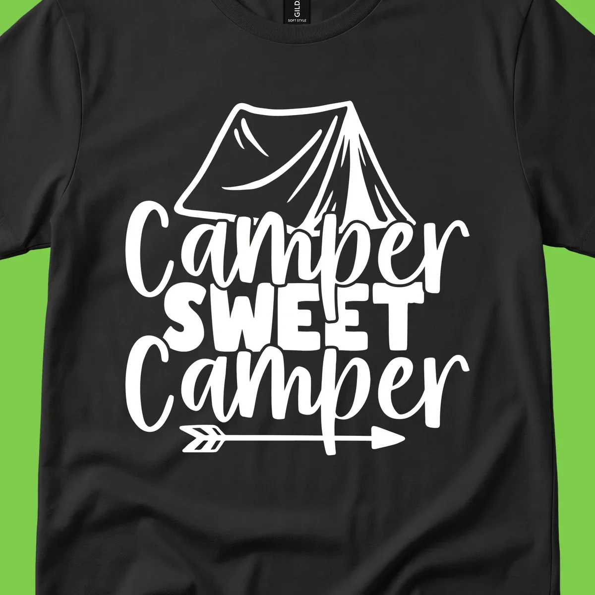 Camper Sweet Camper design with tent illustration and playful camping text