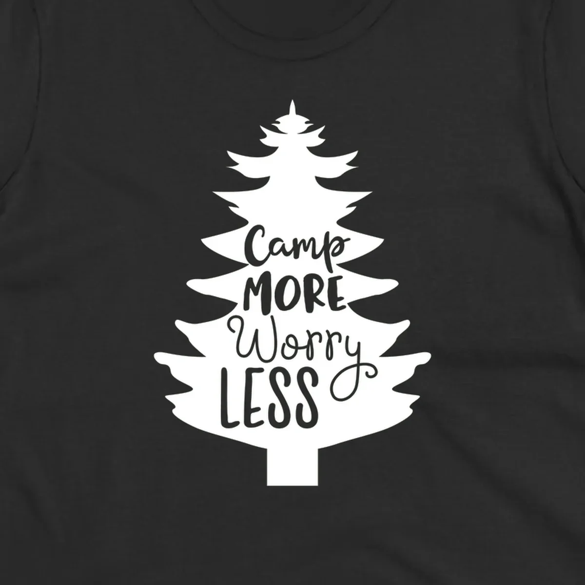 White evergreen tree silhouette with text reading 'Camp MORE Worry LESS' centered in the branches on gray background