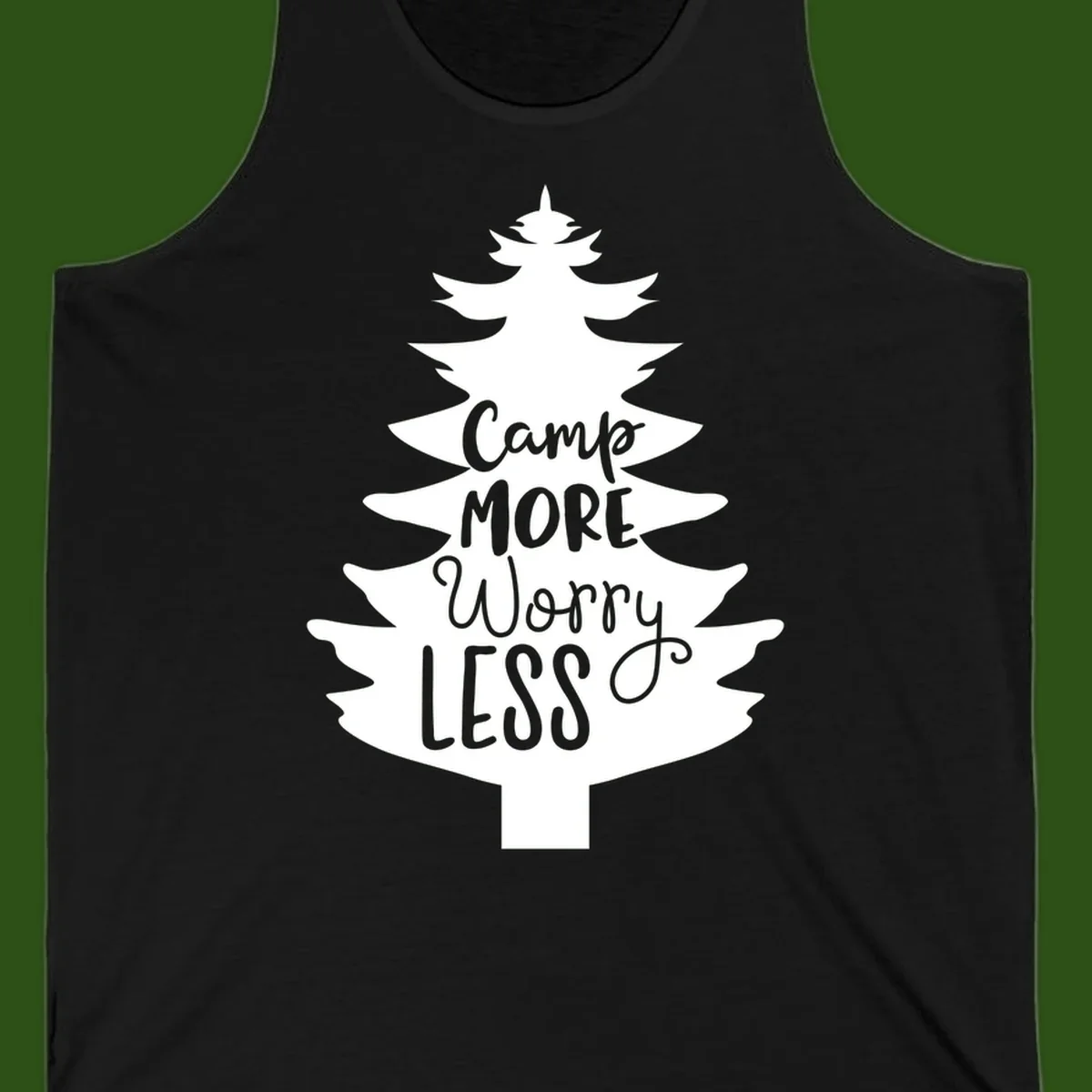 White evergreen tree silhouette with text reading 'Camp MORE Worry LESS' centered in the branches on gray background