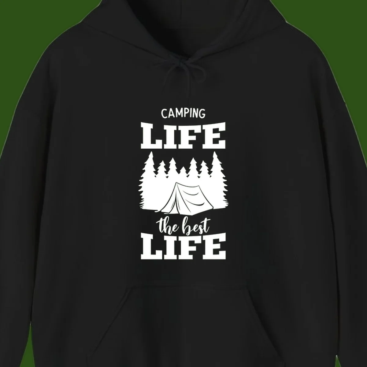 White tent and forest silhouette with text reading Camping Life The Best Life on gray background