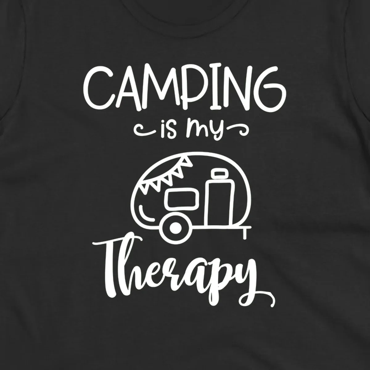 White line drawing of vintage travel trailer with bunting and text reading 'Camping is my Therapy' on gray background
