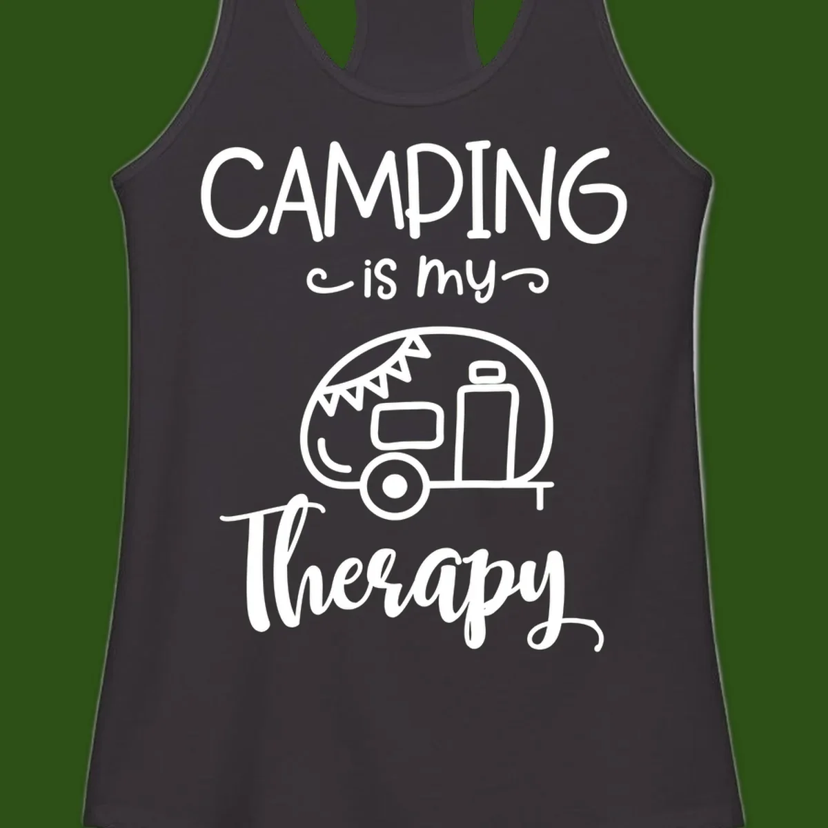 White line drawing of vintage travel trailer with bunting and text reading 'Camping is my Therapy' on gray background