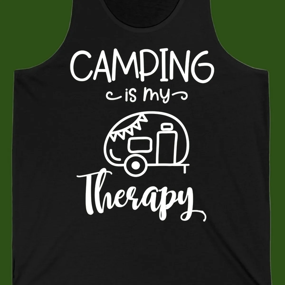 White line drawing of vintage travel trailer with bunting and text reading 'Camping is my Therapy' on gray background