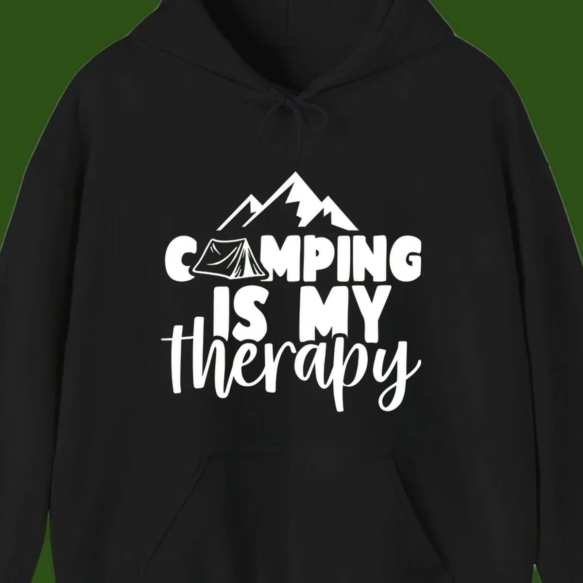 White text reading 'Camping Is My Therapy' with tent and mountain graphic design on gray background