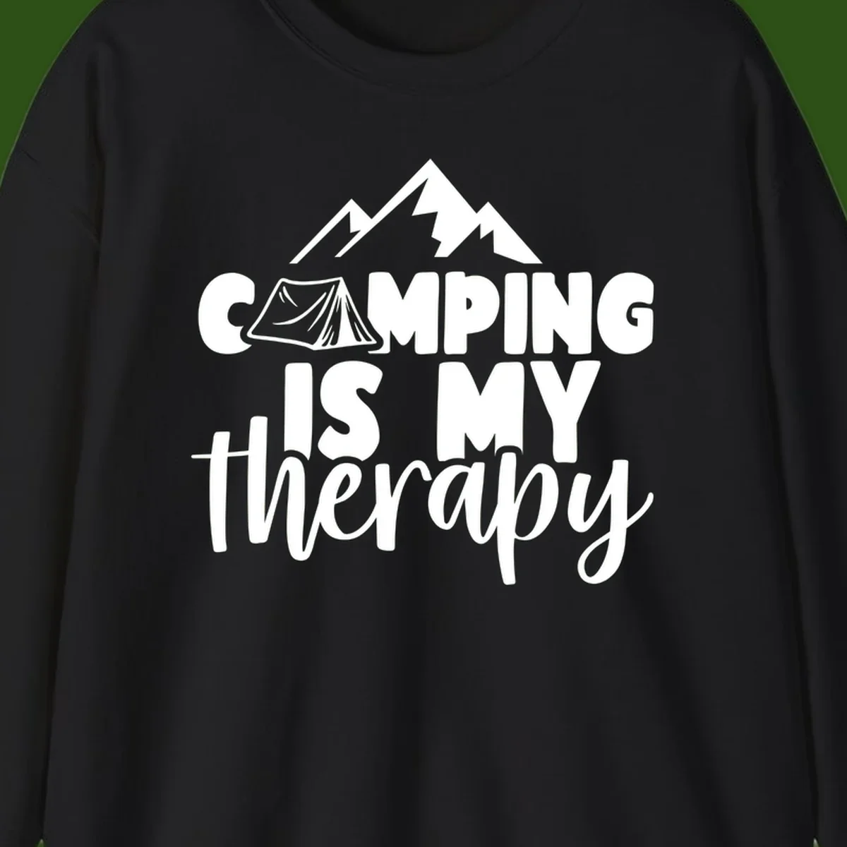 White text reading 'Camping Is My Therapy' with tent and mountain graphic design on gray background