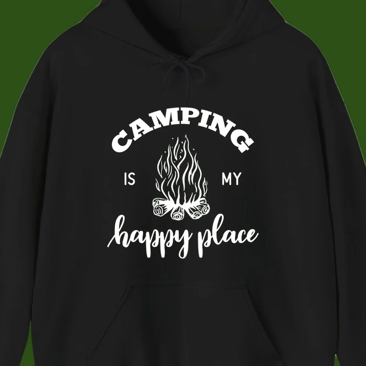 White campfire illustration with text reading 'Camping Is My Happy Place' on gray background