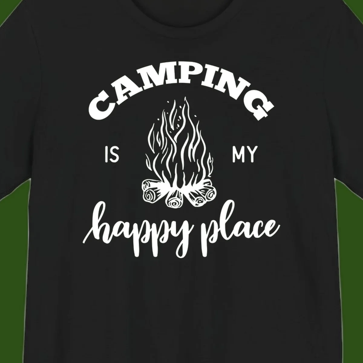 White campfire illustration with text reading 'Camping Is My Happy Place' on gray background