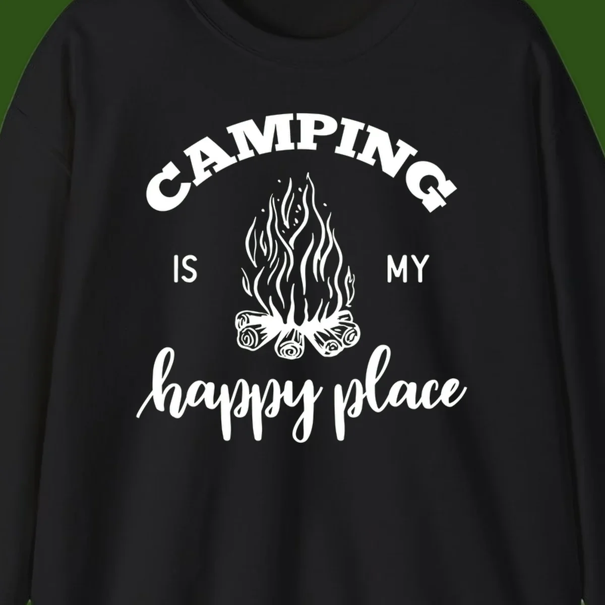 White campfire illustration with text reading 'Camping Is My Happy Place' on gray background