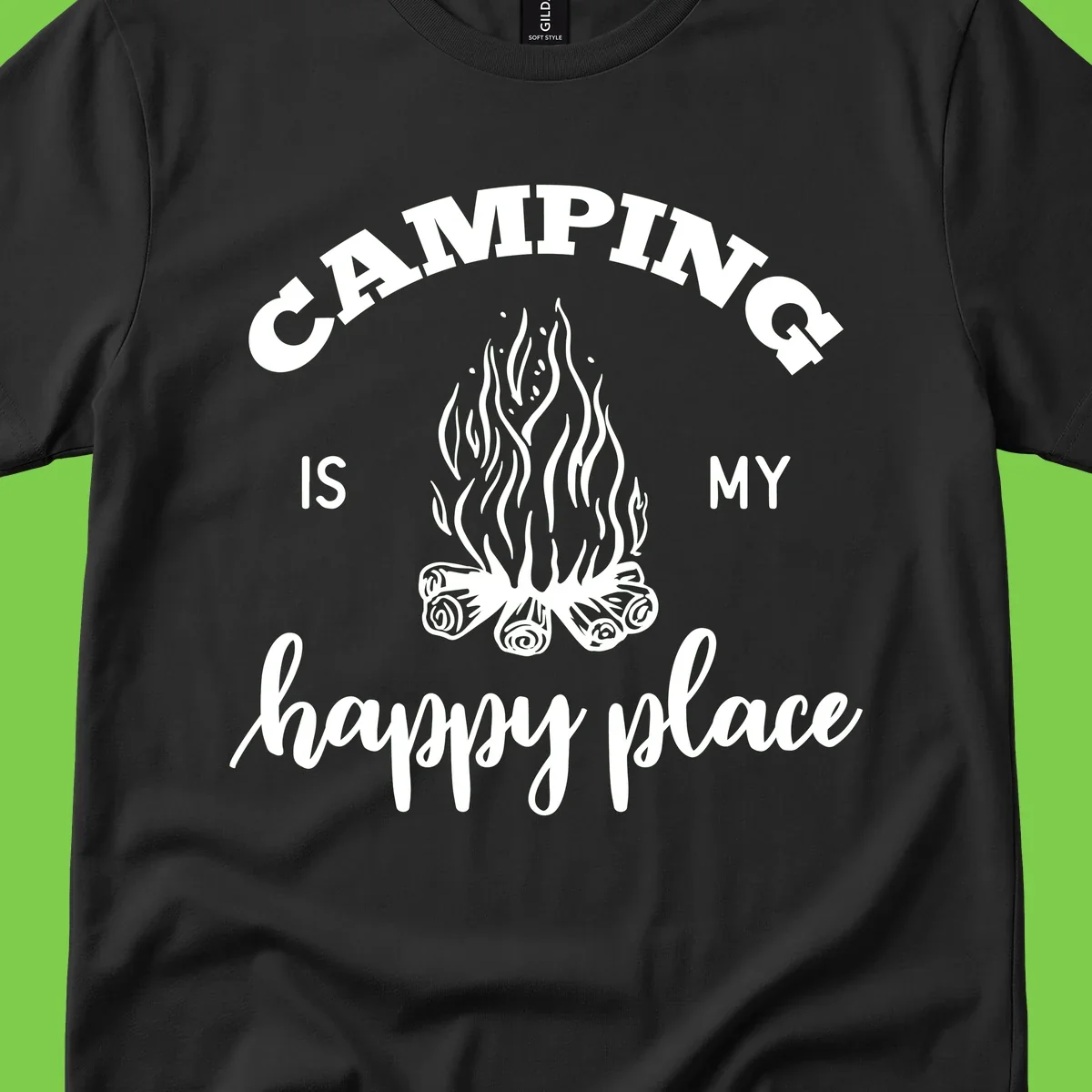 White campfire illustration with text reading 'Camping Is My Happy Place' on gray background
